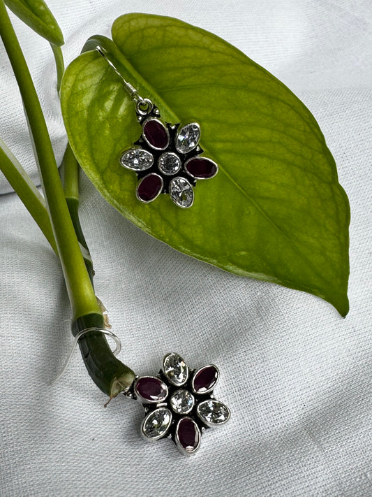 White and pink stones flower drop 92.5 Sterling silver hooks earrings