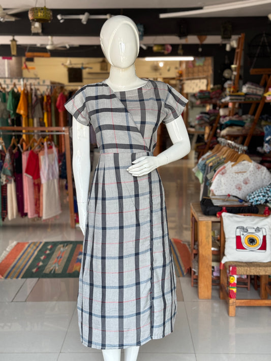 Grey black and red checks soft pure cotton handwoven dress