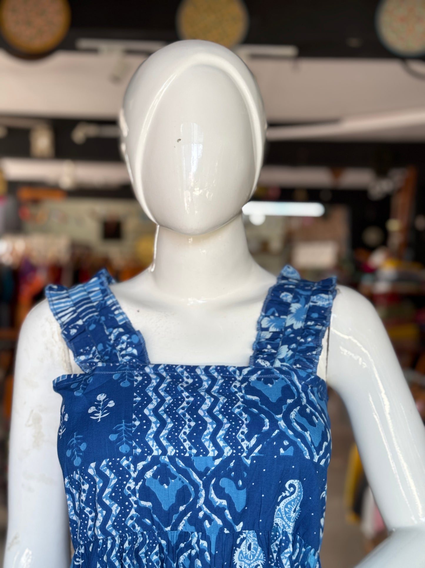 Blue patch work look hand block printed designer sleeveless tiered cotton dress with smocking back