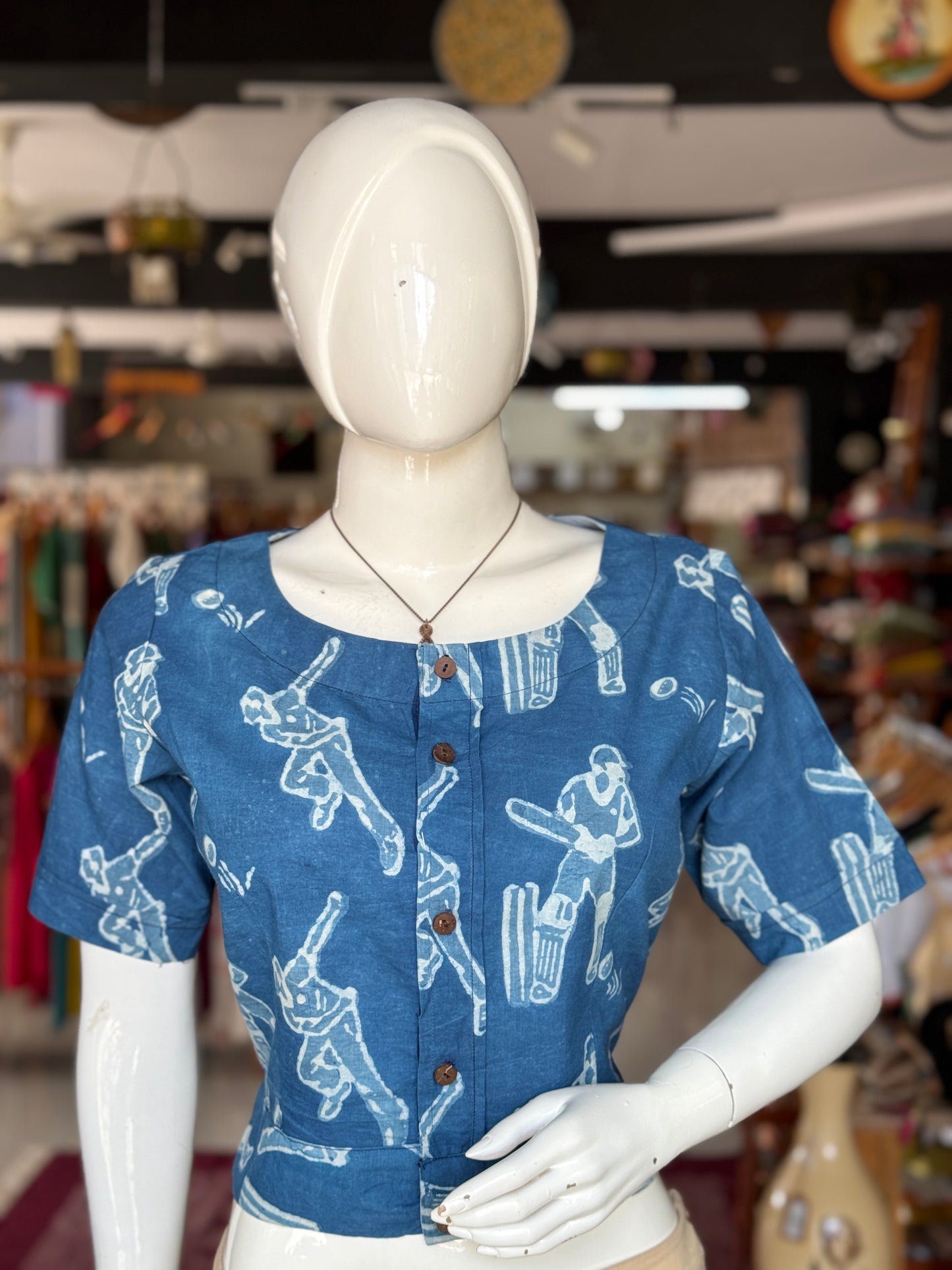 Cricket fever - natural dyed indigo blue hand block printed crop top / blouse