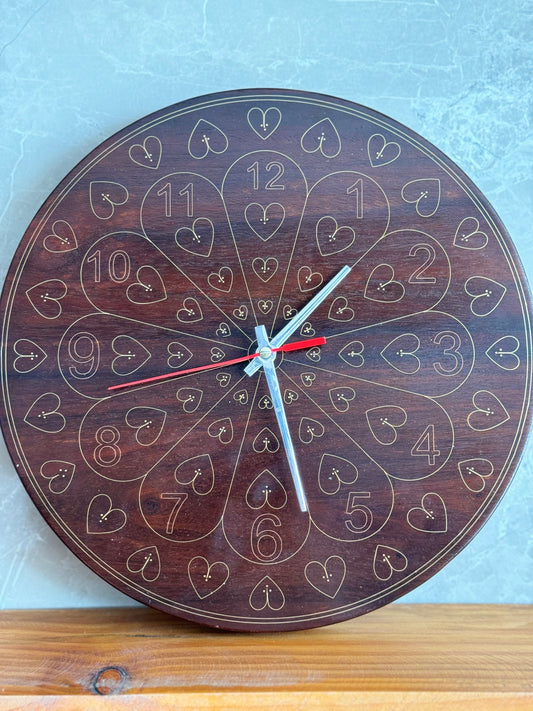 Brass inlay wooden wall clock - 12 inches size with hearts design - traditional Tarkashi handicraft