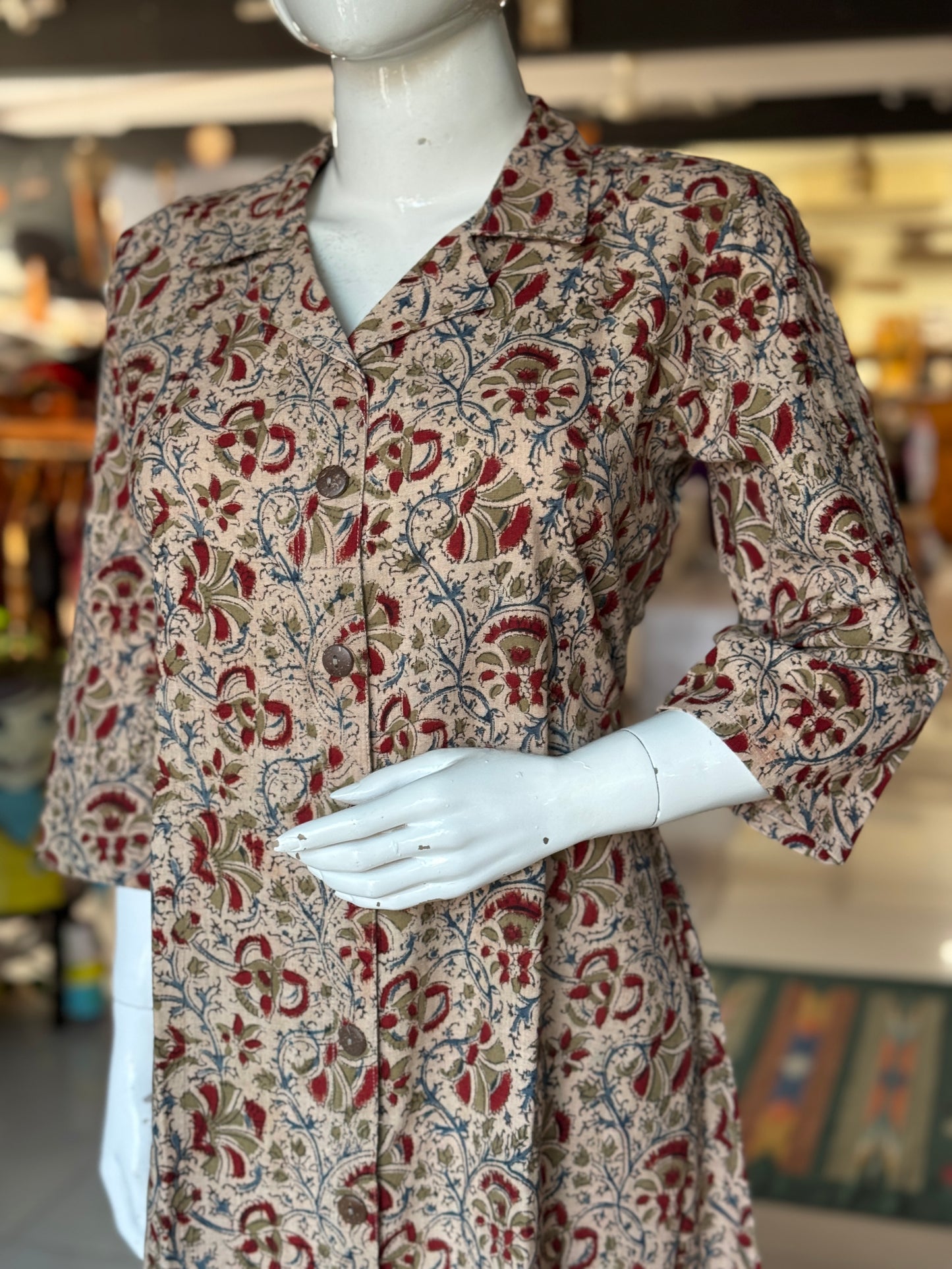 Kalamkari hand block printed collared dress - Freedom fabric kurti - Hand spun, hand woven, hand block printed cotton