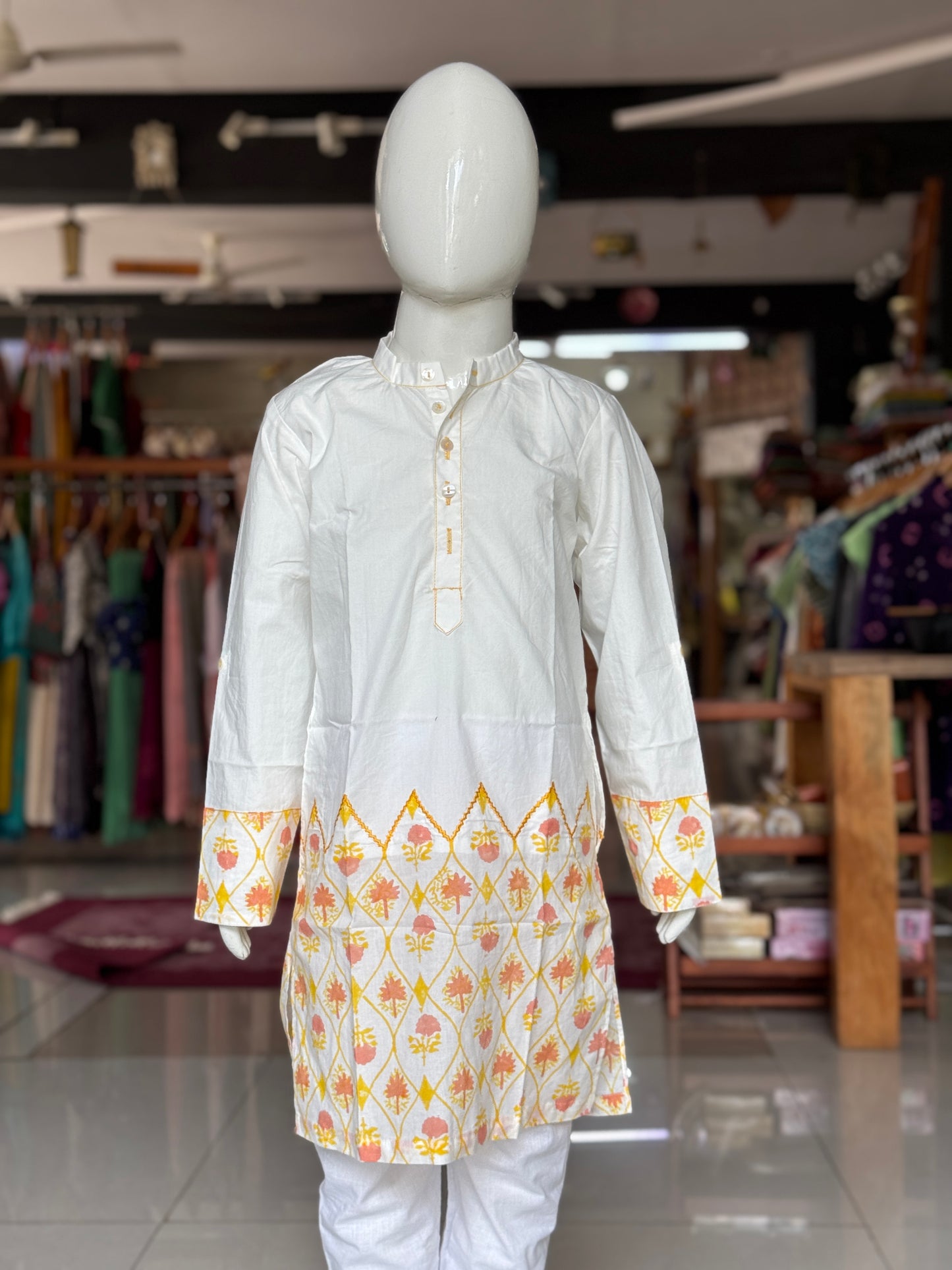 Off white floral hand block printed cotton long kurta for boys with embroidery detailing