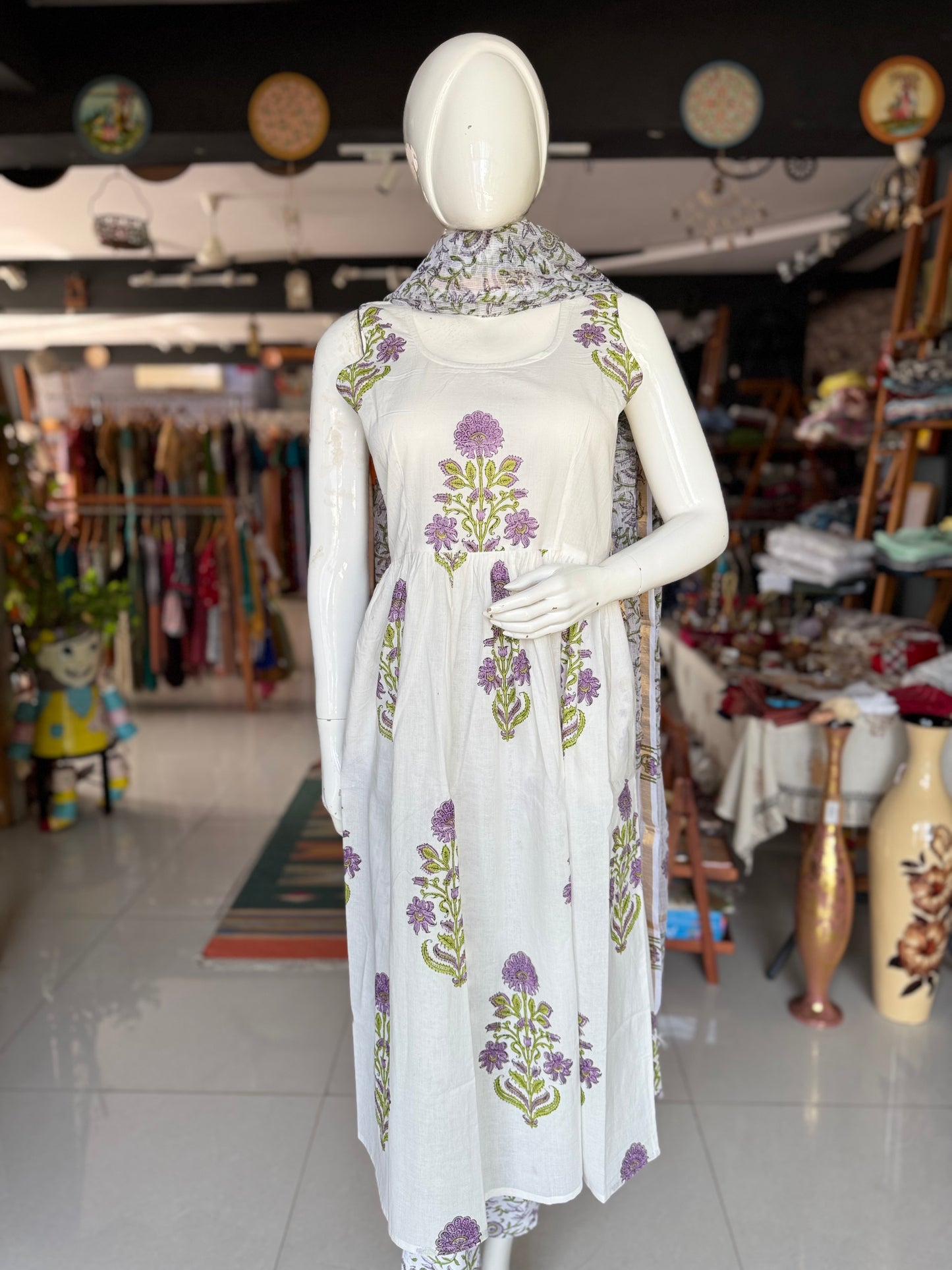 White Mughal hand block printed sleeveless Kurti, pants and kota dupatta - 3 piece set