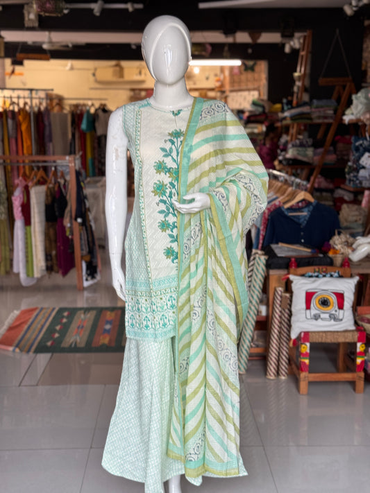Green n white cotton short kurti, sharara pants and dupatta - 3 piece hand block printed set