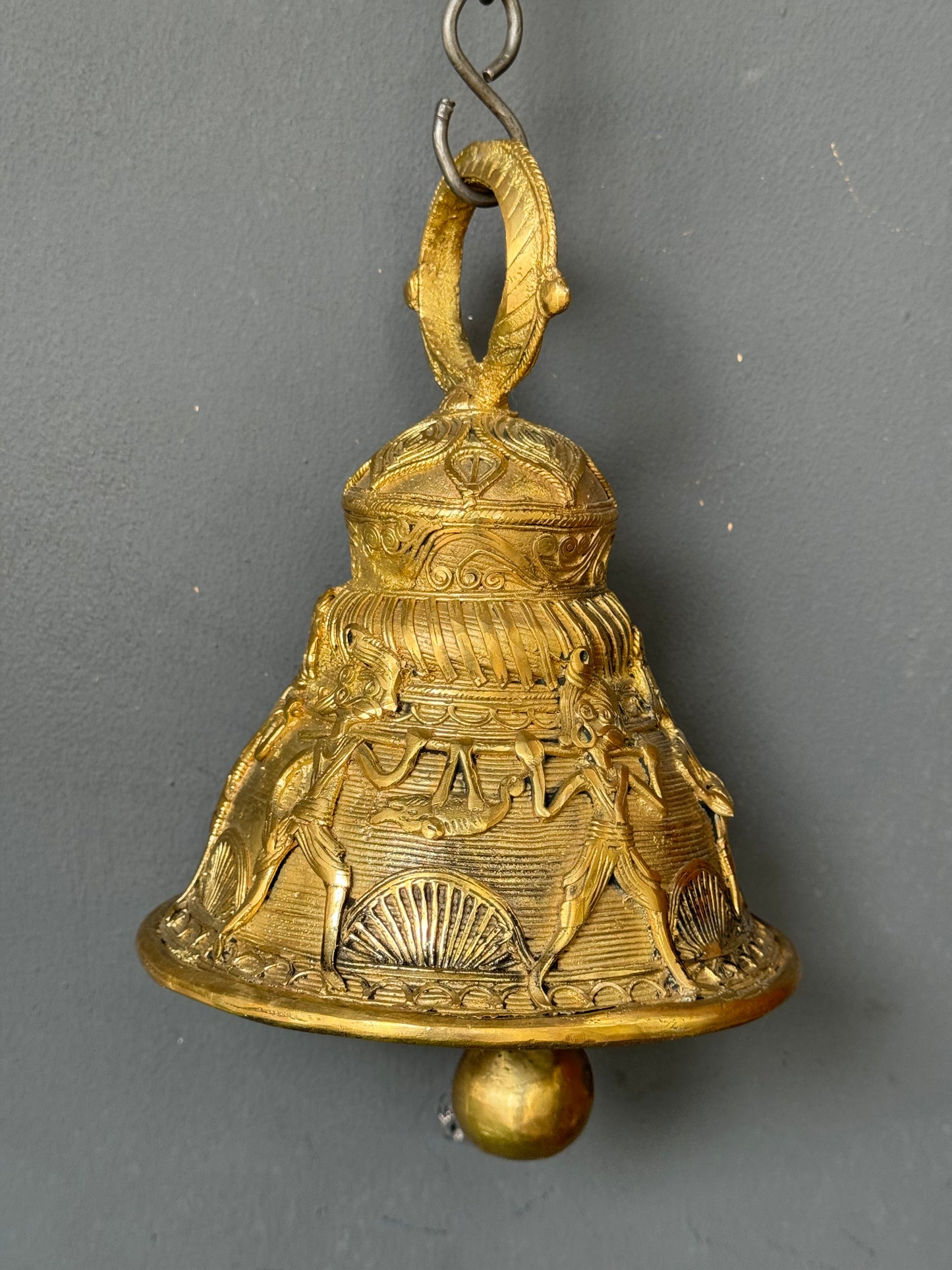 Big hanging bell with tribal life design - brass dokra hand crafted decor