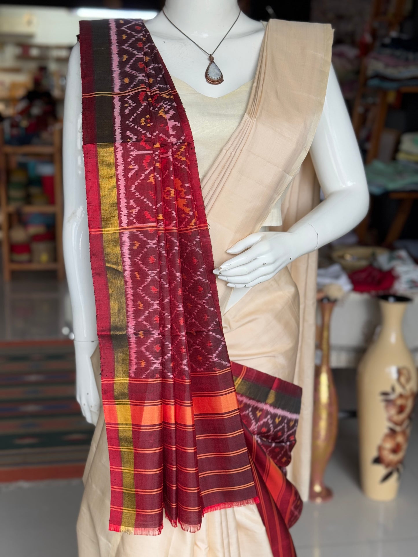 Maroon handwoven mulberry silk ikat patola dupatta