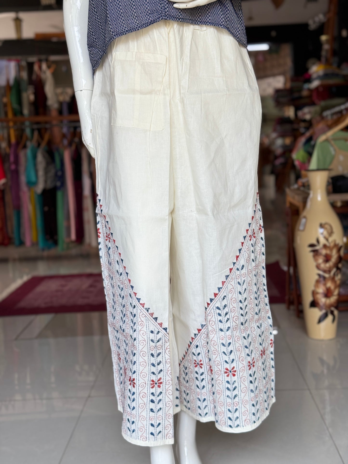 Kantha hand embroidered cotton poplin free size plazo with front pocket