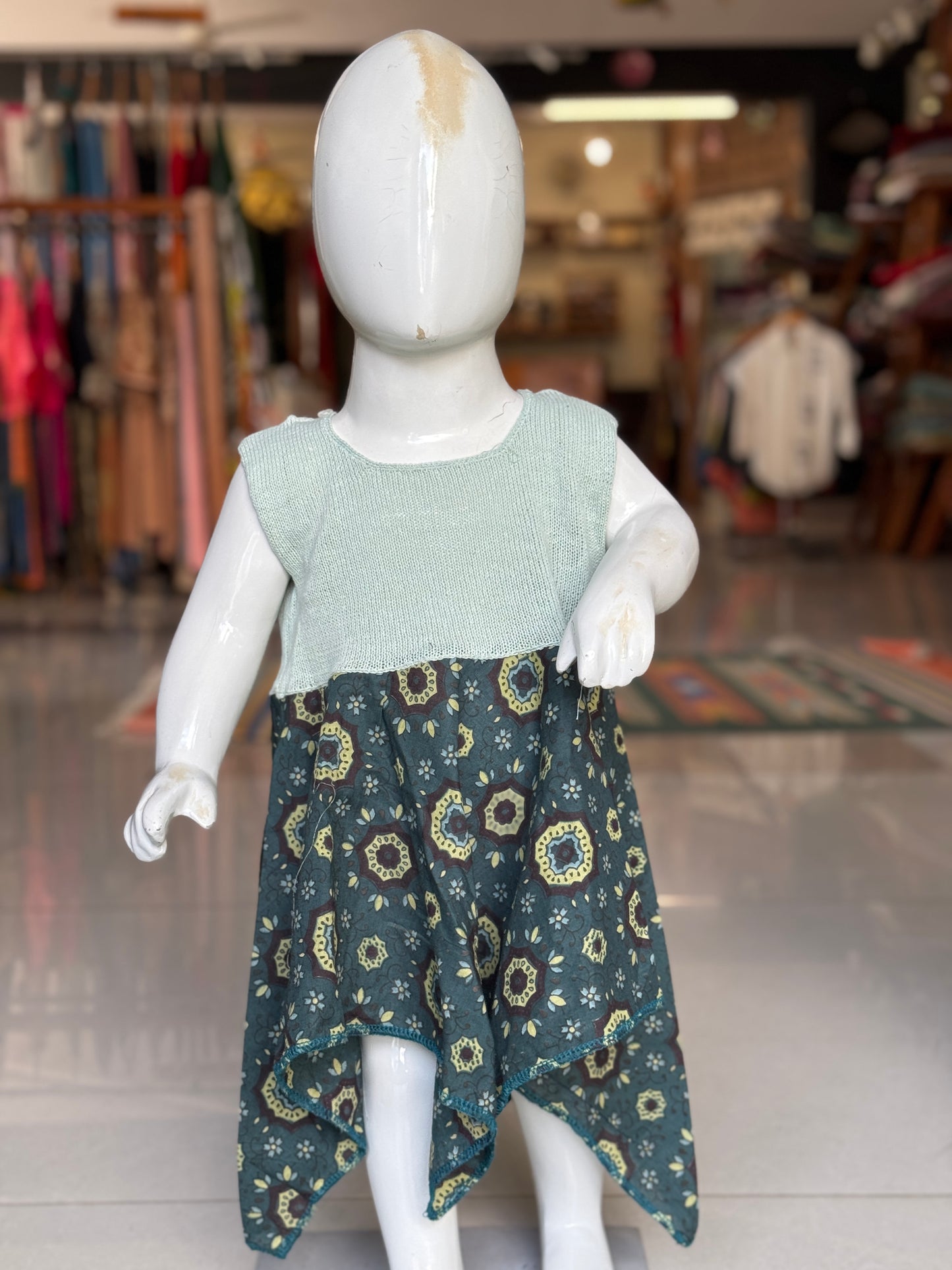 Crochet hand work yoke with hand block printed kerchief cut soft cotton frock