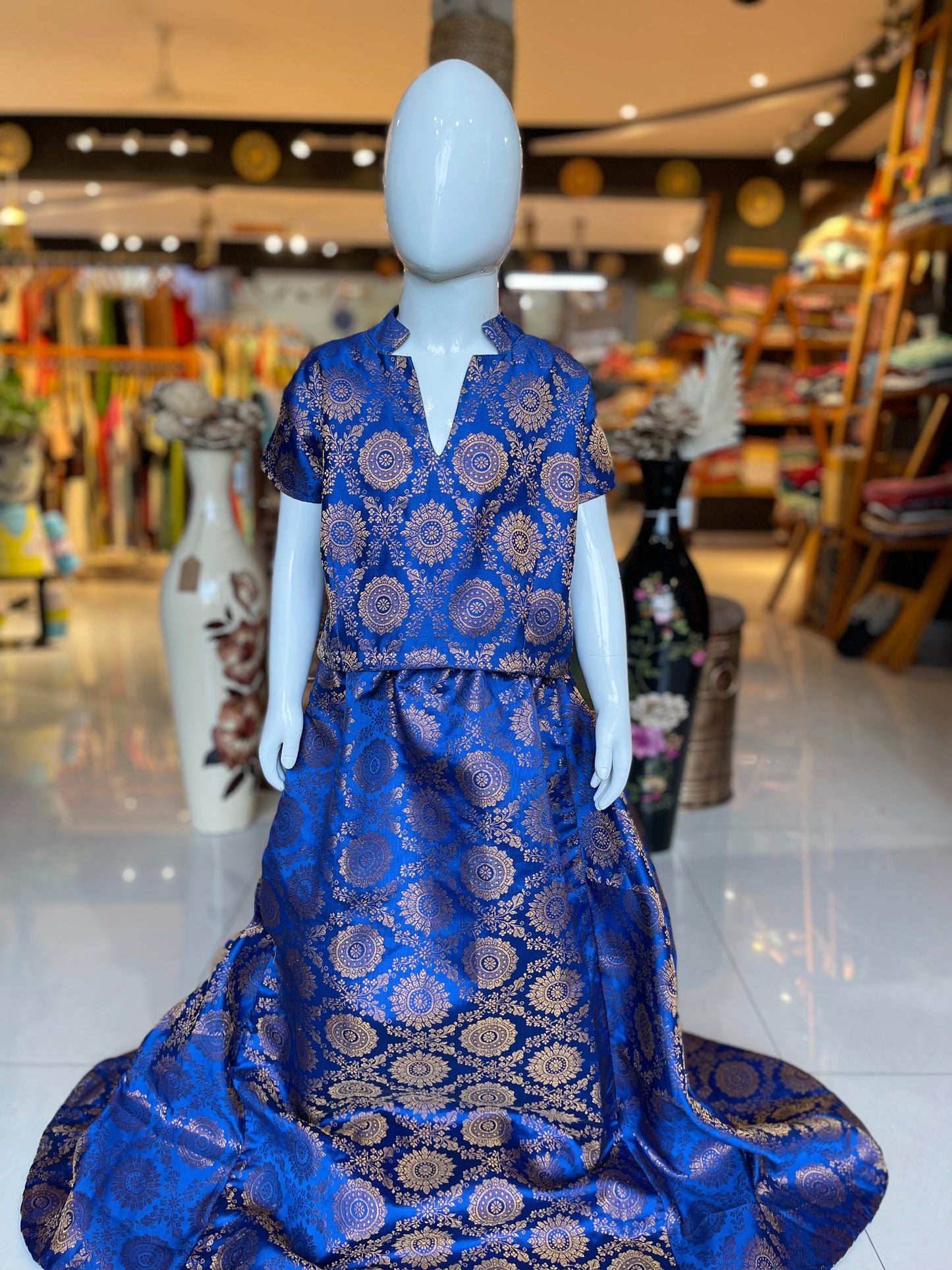 Blue Banarasi brocade lehenga crop top set