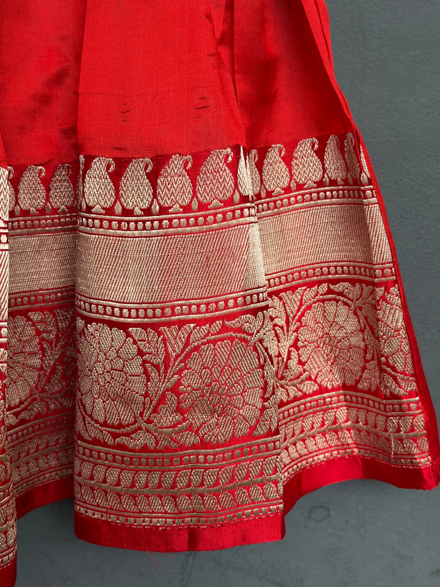 Red handwoven pure silk lehenga (pattu langa jacket) blouse set