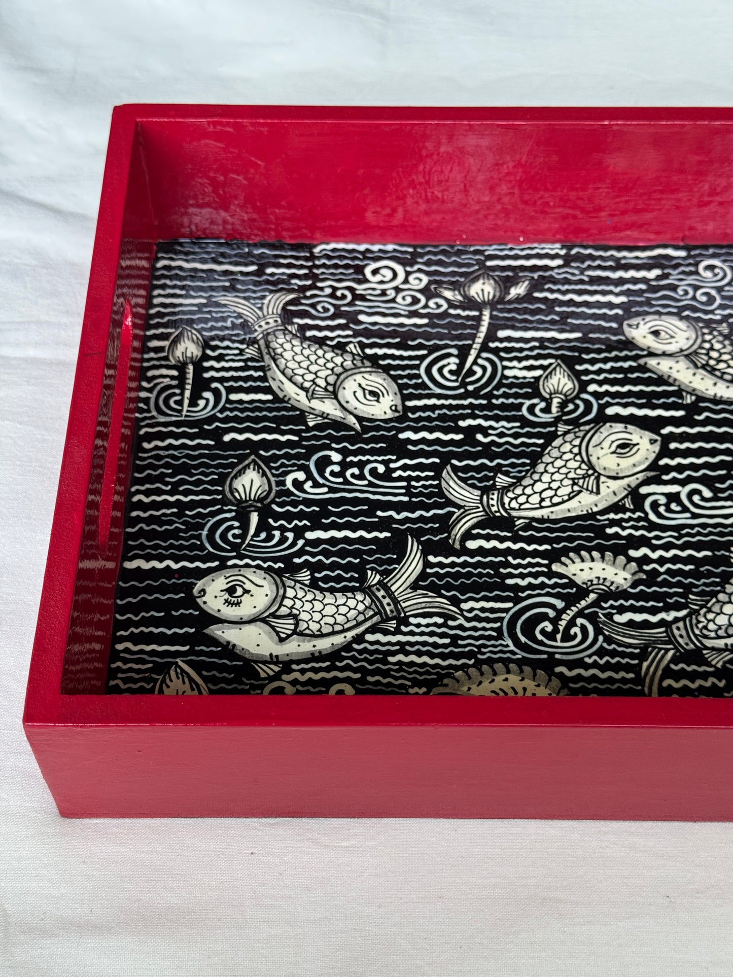 Patachitra wooden hand painted tray - red, black n white