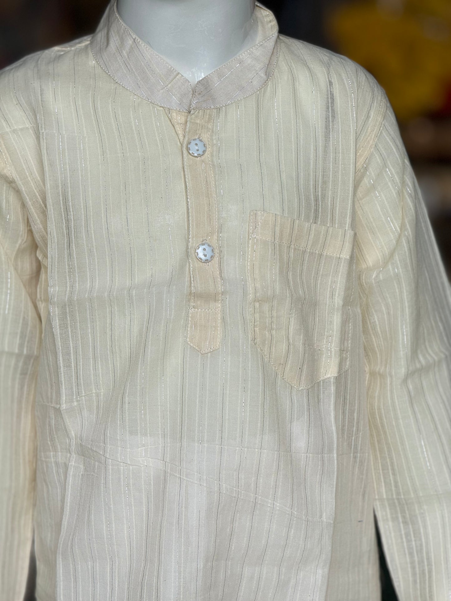 Off white lurex stripes cotton long kurta for boys