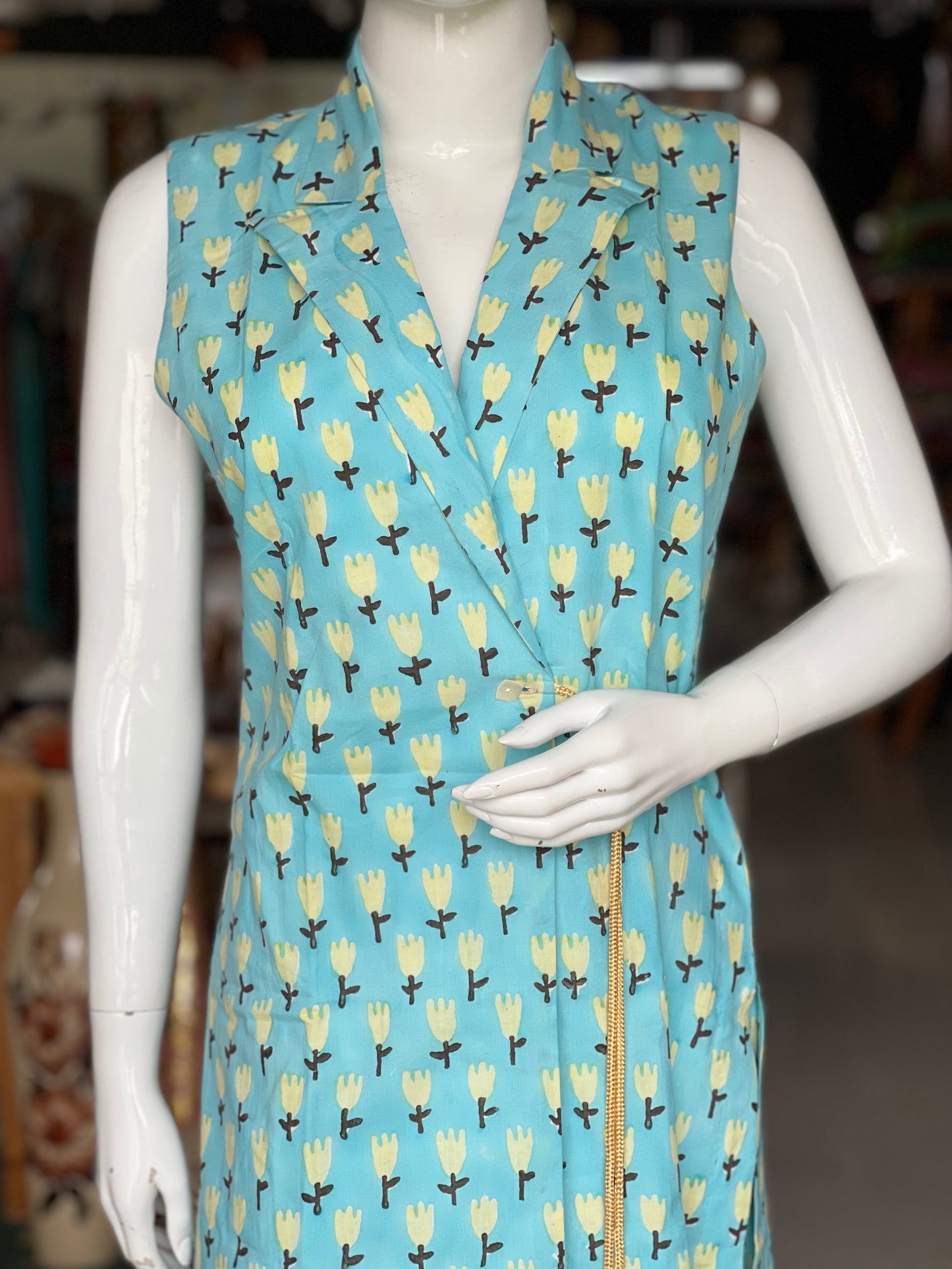Light blue floral hand block printed collared wrap kurta and pants coord set