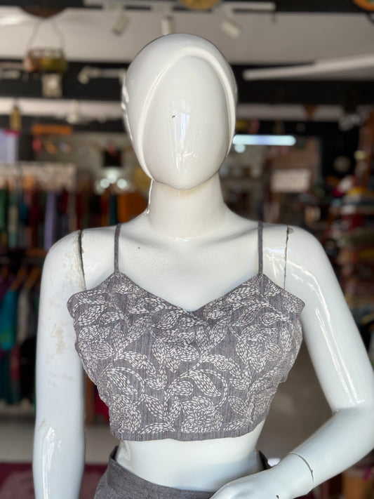Grey noodle straps Crop top / blouse -  Tepchi Chikankari hand embroidered handwoven cotton
