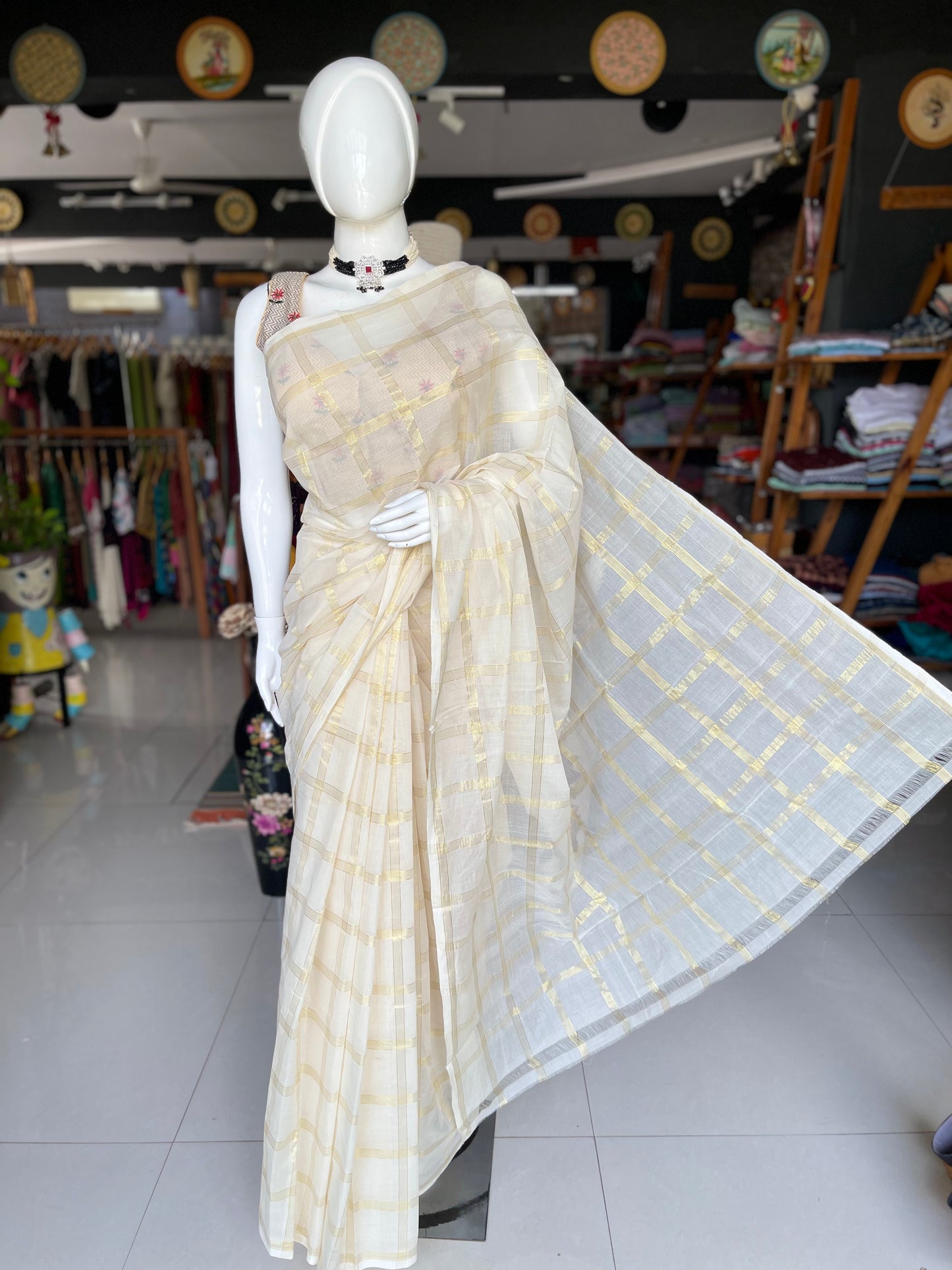 Cream with multiple lines big checks cotton Venkatagiri handloom saree