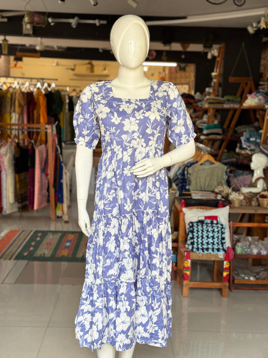 Printed tiered square neck cotton dress with elastic sleeves