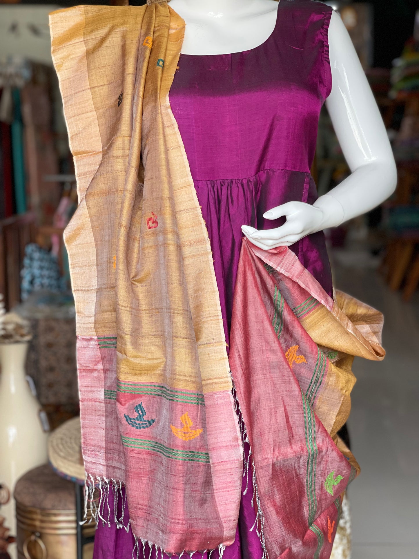 Golden yellow and red hand woven pure tussar silk dupatta with diya motifs