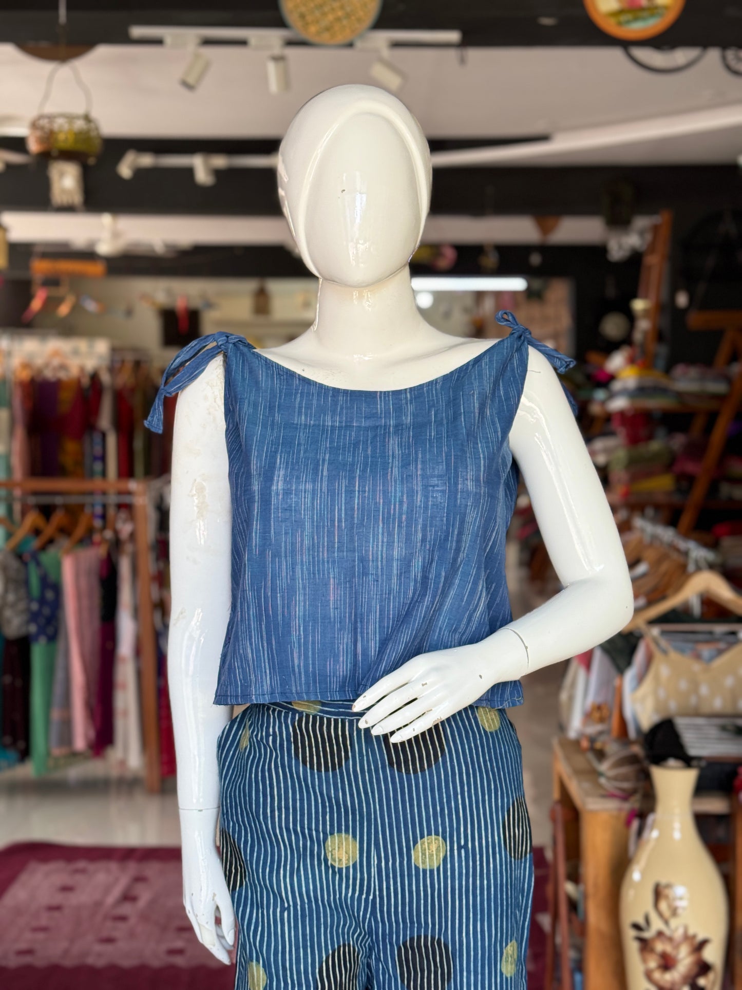 Indigo hand woven cotton tie up shoulder top