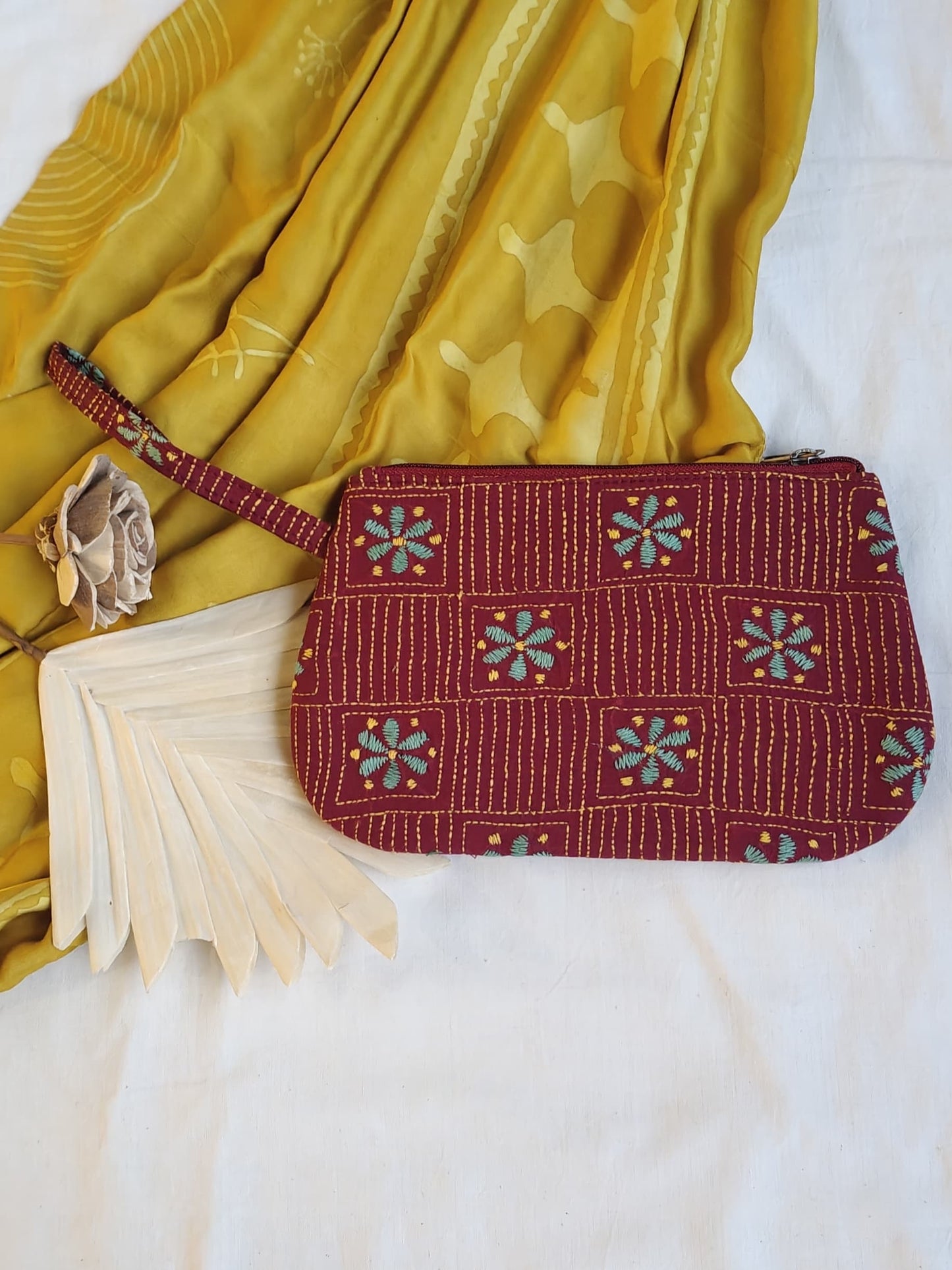 Kantha hand embroidered wristlet pouch - multiple colors and designs available