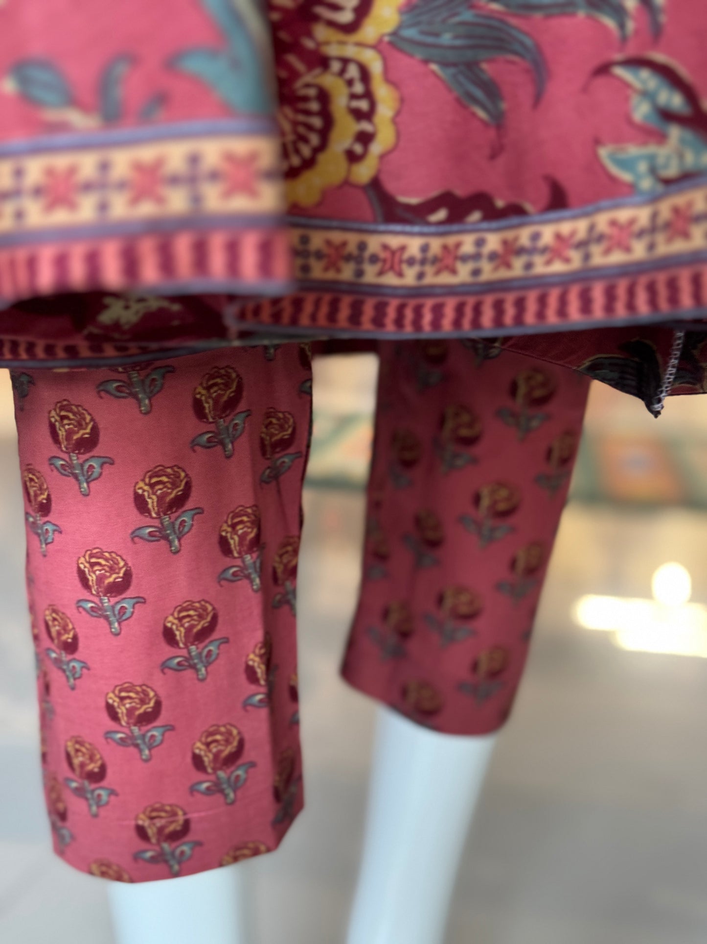 Coral rust tone floral print cotton flared umbrella style Kurti, pants and dupatta set