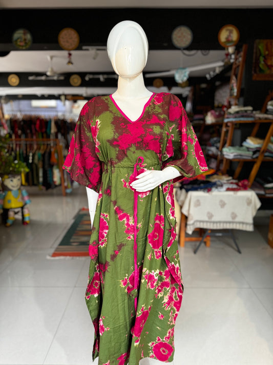 Hand block printed cotton long kaftan nighty - lounge wear / night wear