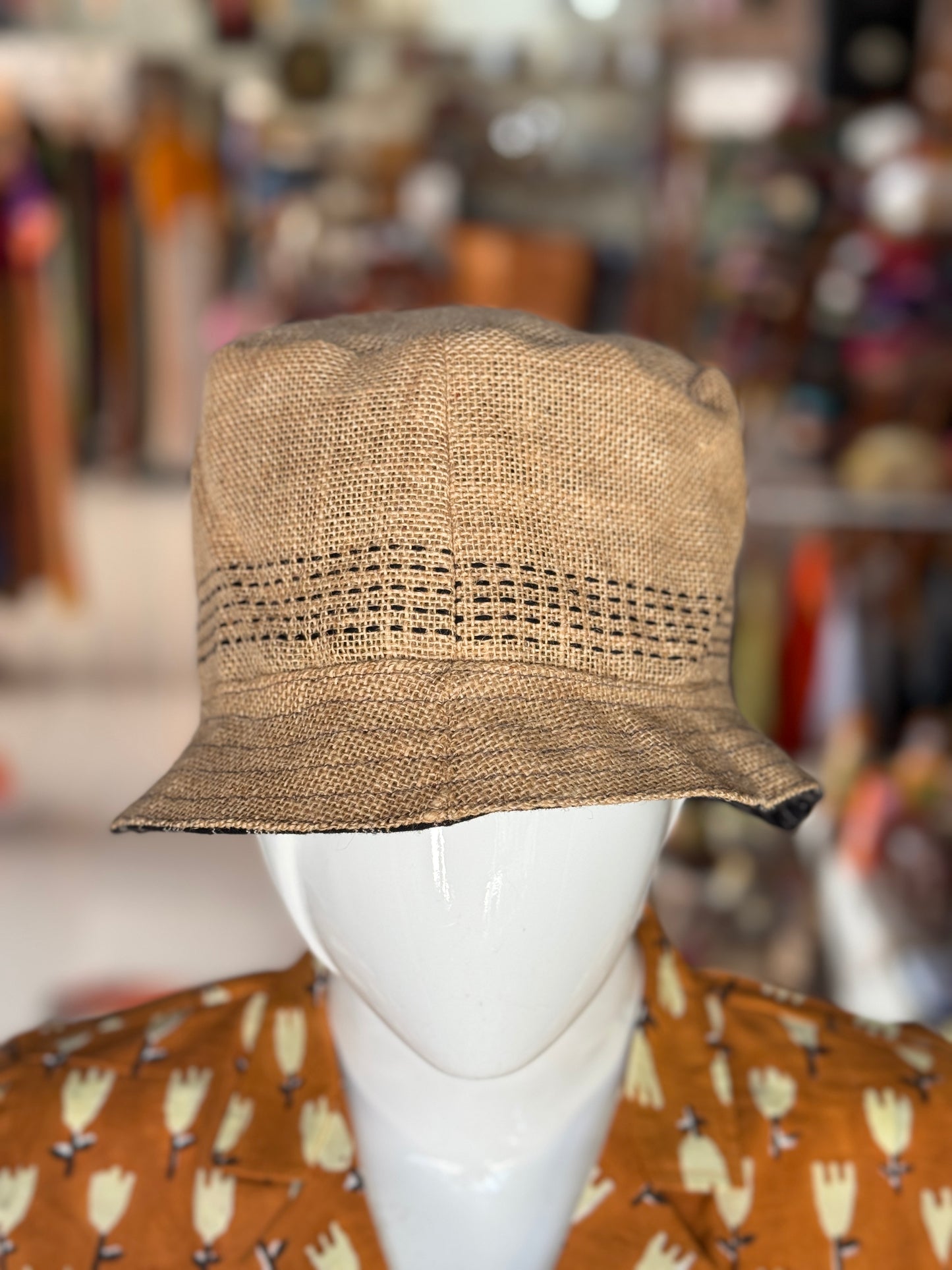 Jute and cotton hand embroidered reversible hat