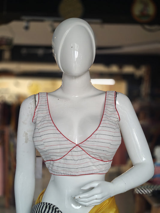 White Kantha stripes, red piping back open sleeveless cotton blouse with pads