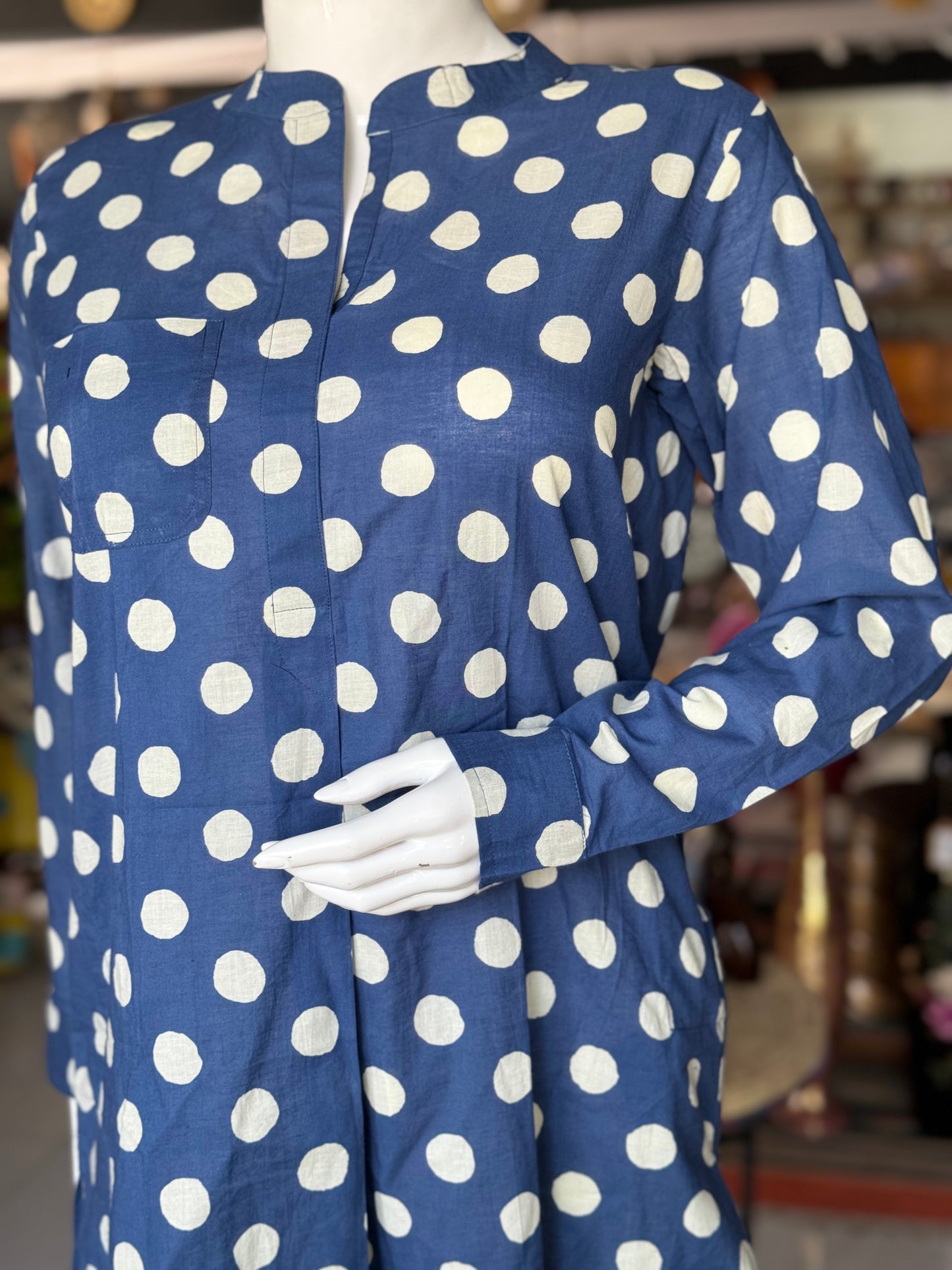 Indigo polka dots hand block printed cotton kurti with pocket and band collar