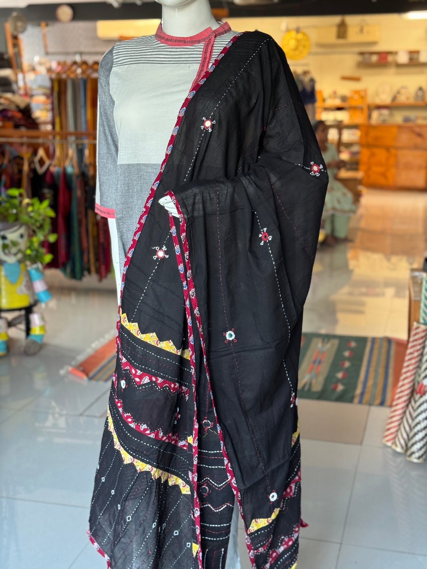 Appliq n hand embroidered mirror work cotton dupatta - click to see multiple designs