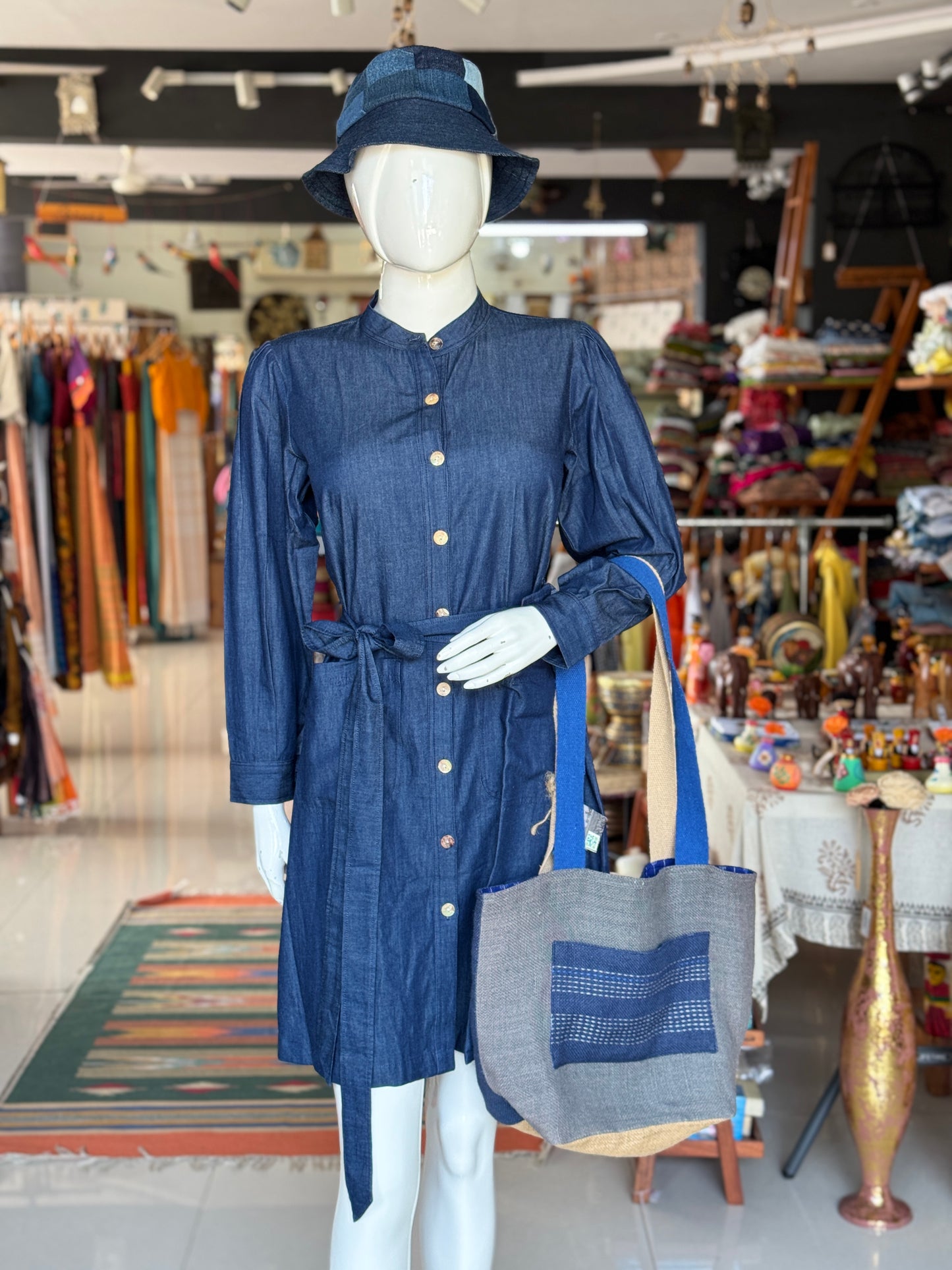 Reversible multi colored jute and cotton bag with embroidered patch pocket