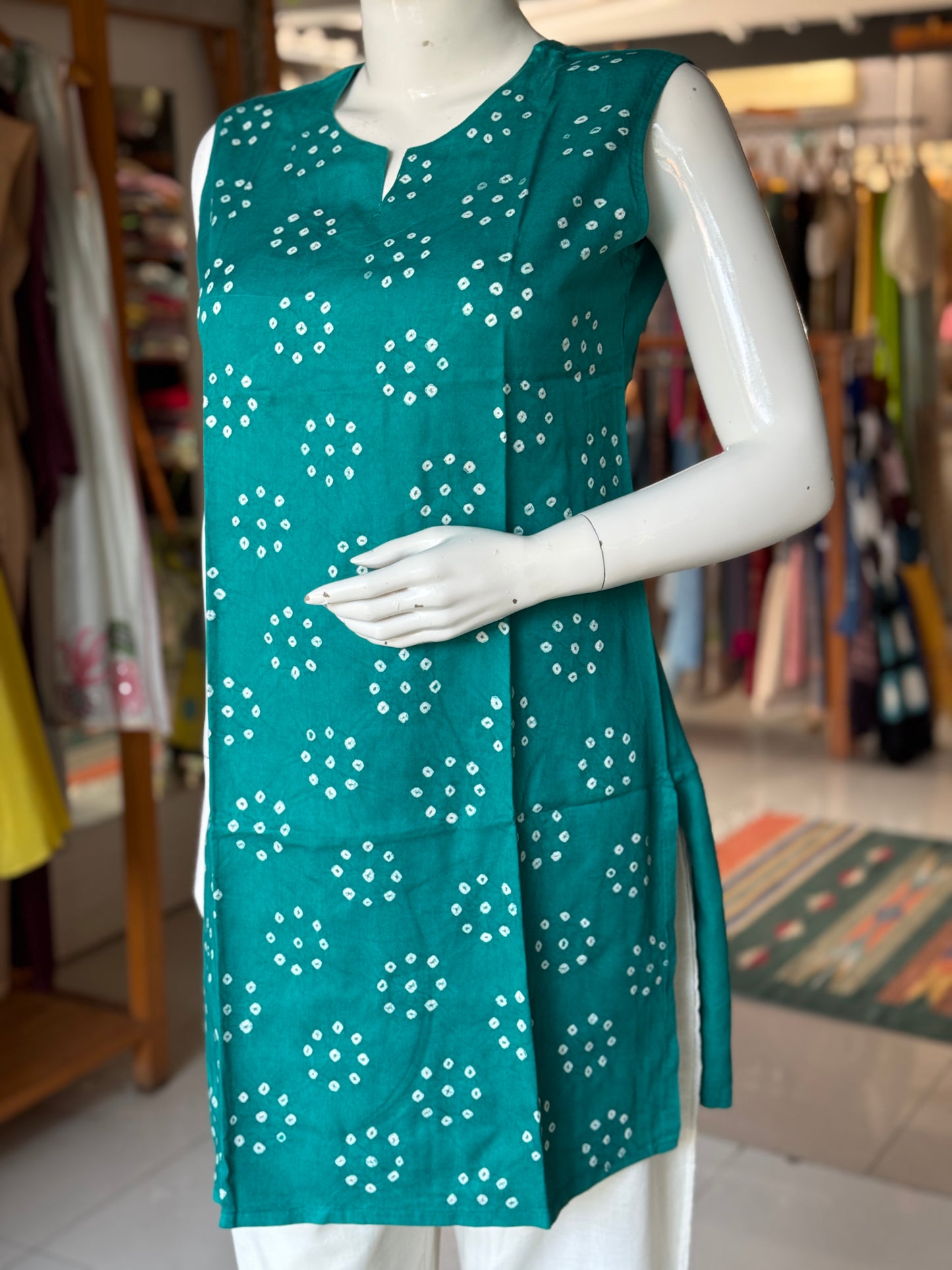 Sleeveless placement bandini tie n dye cotton tunic top / short kurti - multiple colors n designs available