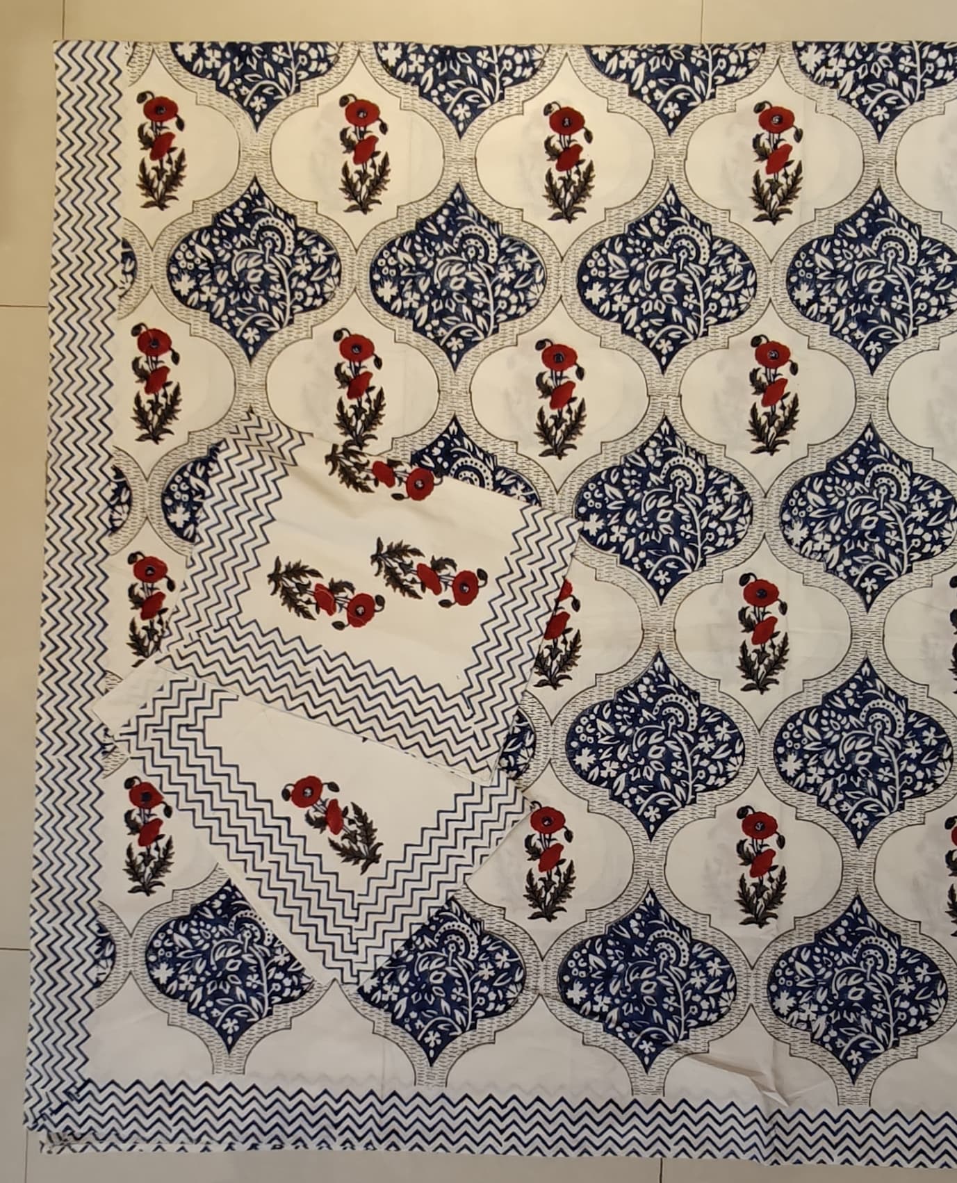Super king hand block printed 108x108 inch bedsheet with 2 pillow cases - multiple designs available