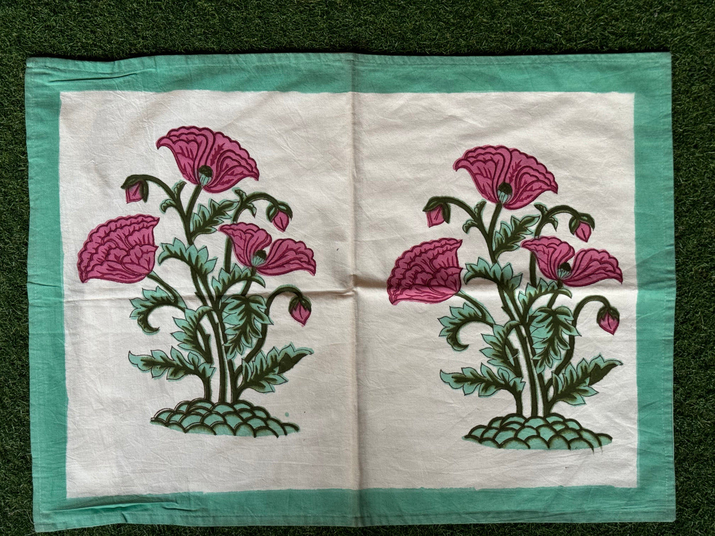 Off-white, pink, green floral hand block printed cotton pillow cover