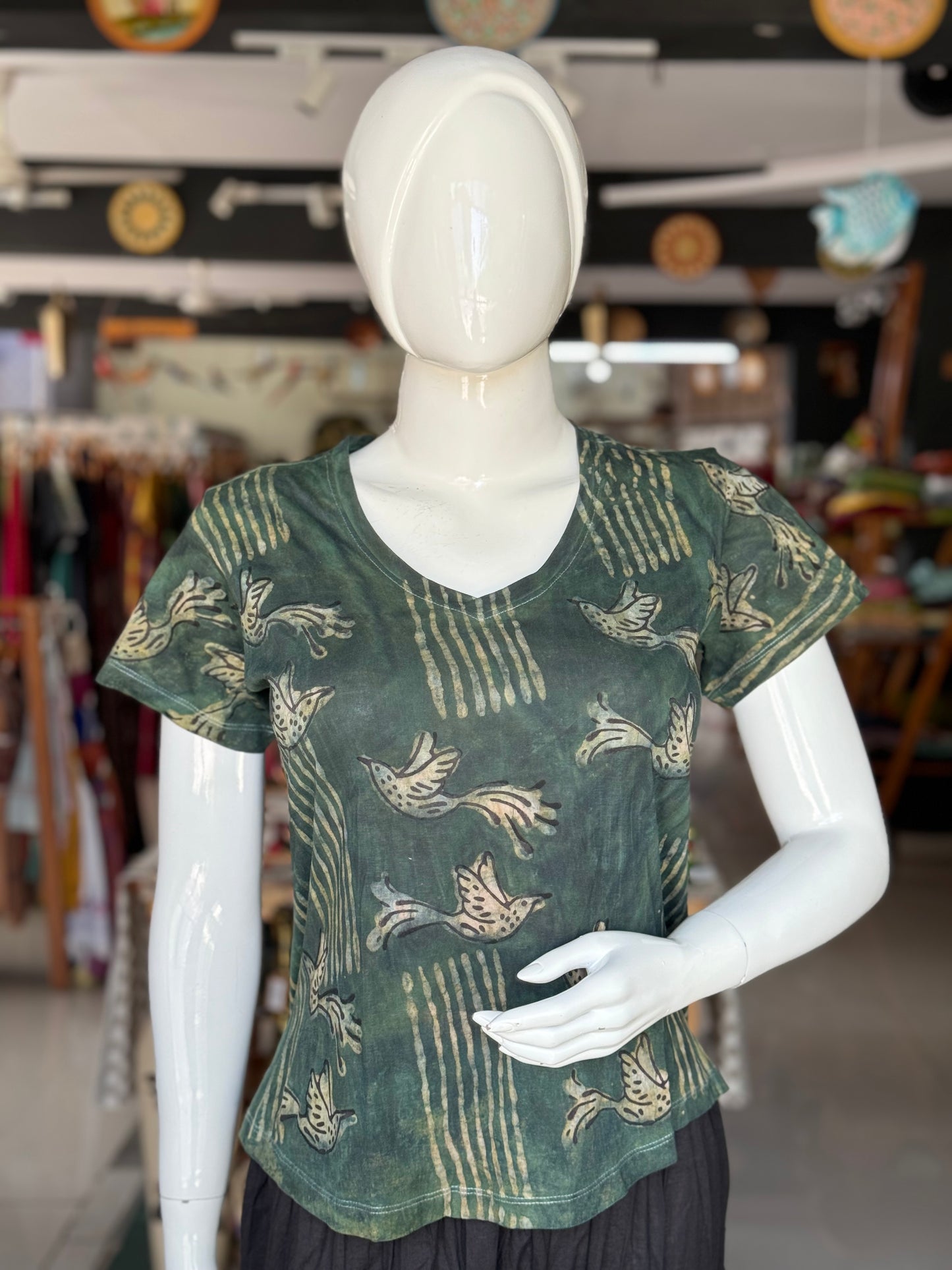 Green flying birds cotton hand block printed, natural dyed tshirt for women