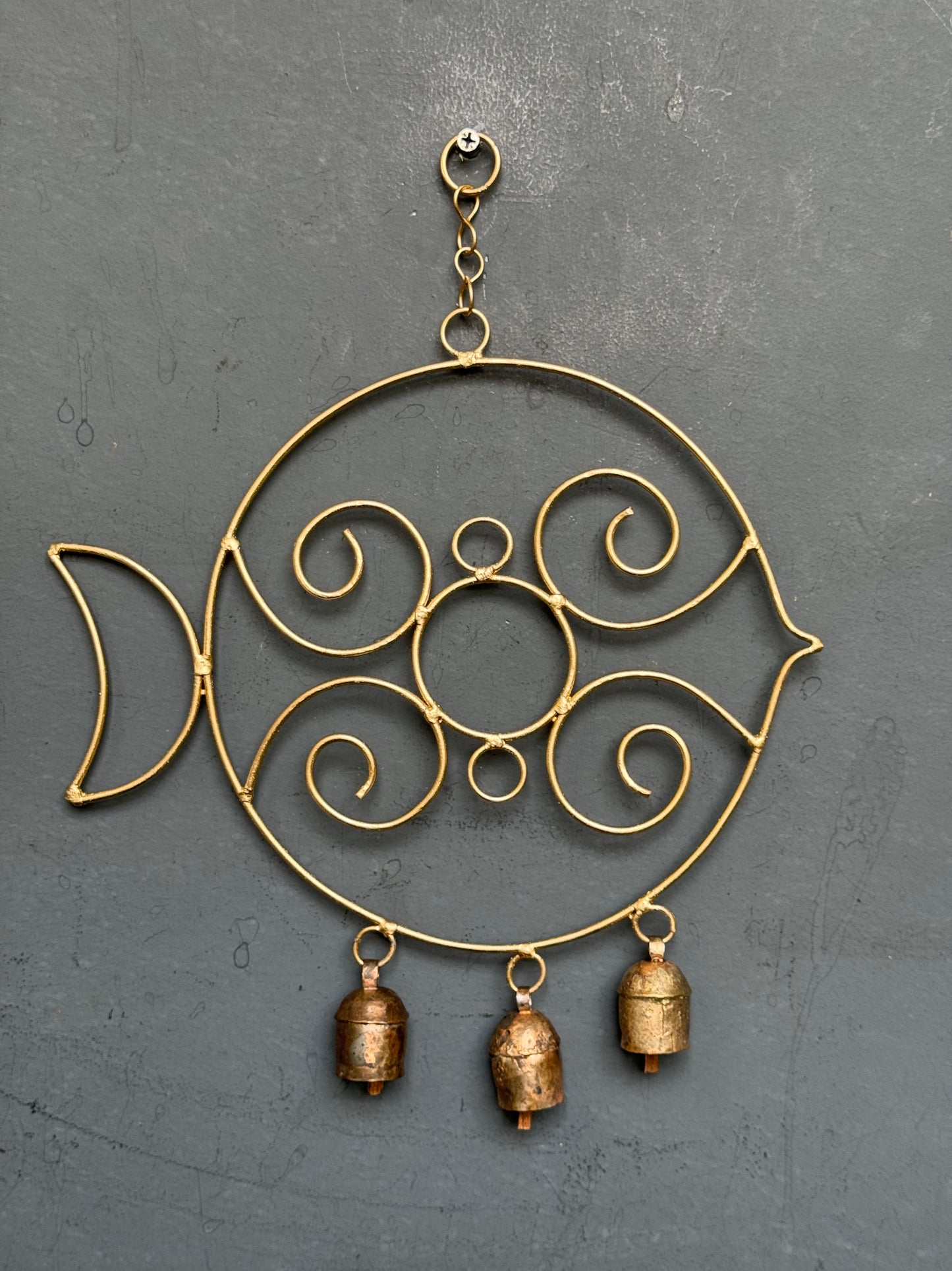 Decorated fish  - copper handcrafted 3 bells hanging