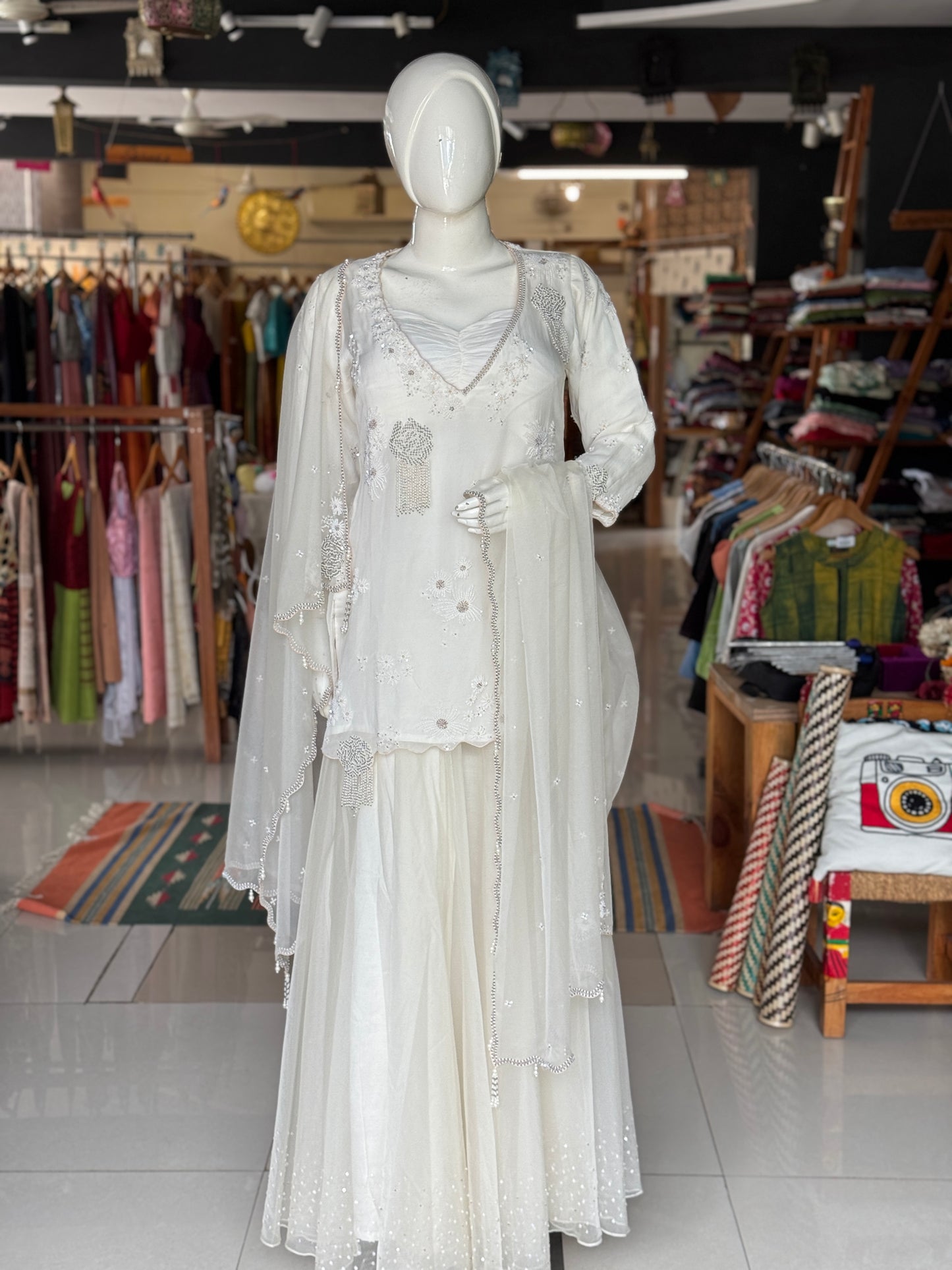 Off white splendor - Soft organza hand embroidered long sleeves kurti, skirt, dupatta and crepe bustier - 4 piece set