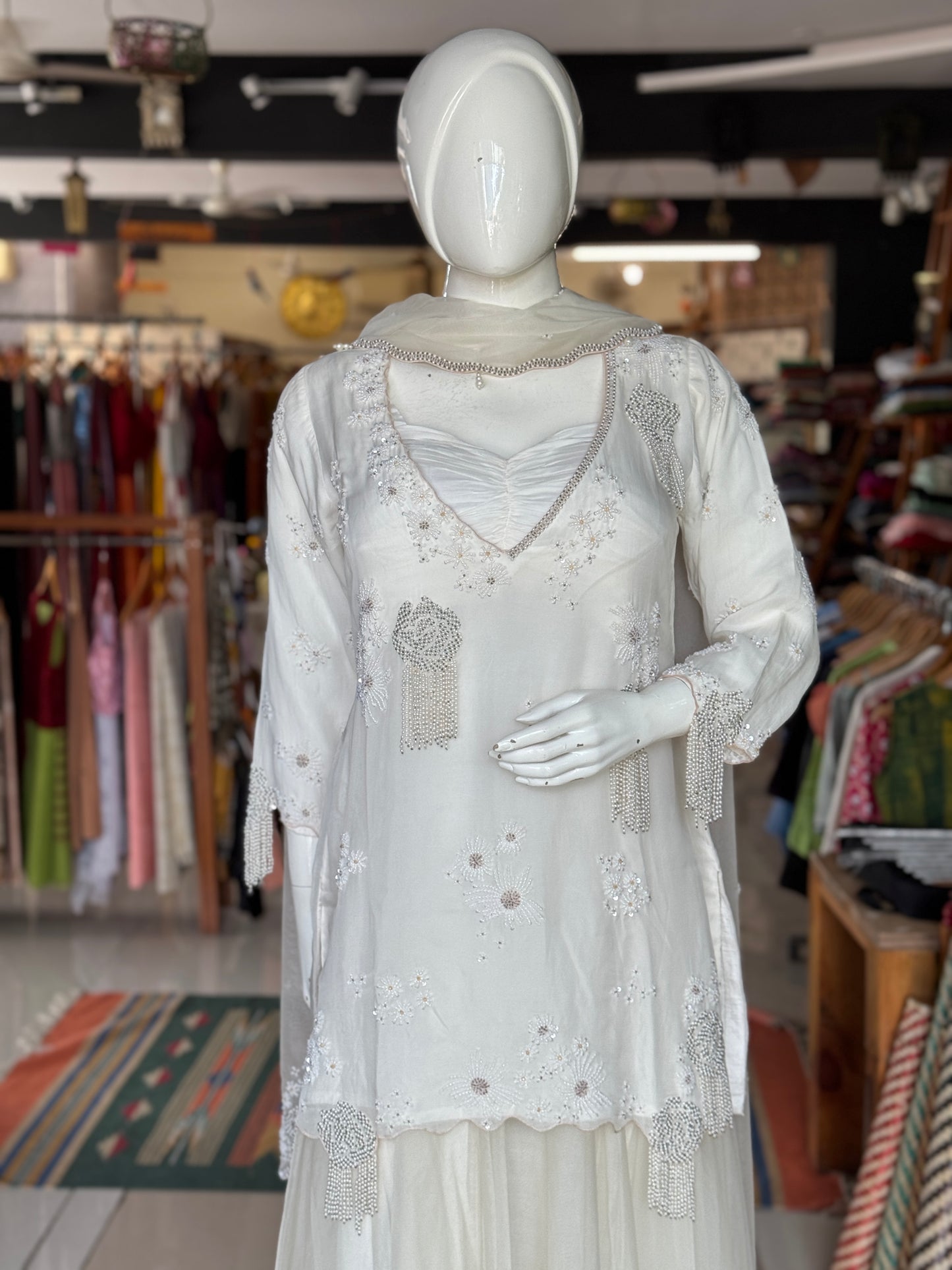 Off white splendor - Soft organza hand embroidered long sleeves kurti, skirt, dupatta and crepe bustier - 4 piece set
