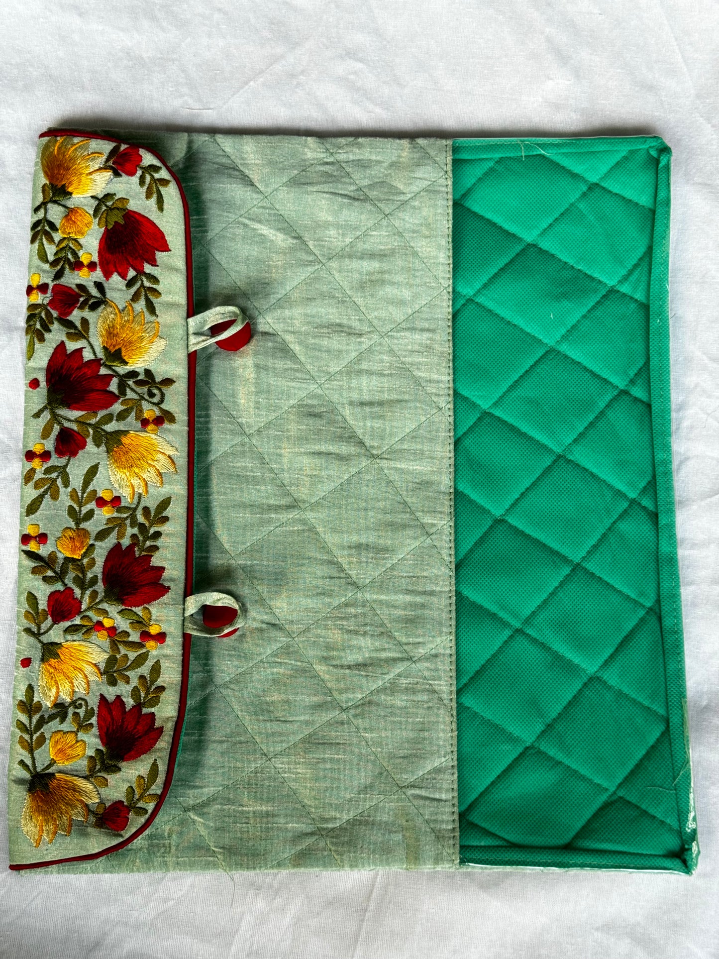 Sea green saree gift cum storage bag 13.5 x 12 inches- Embroidery on the flap; comes with small see through area