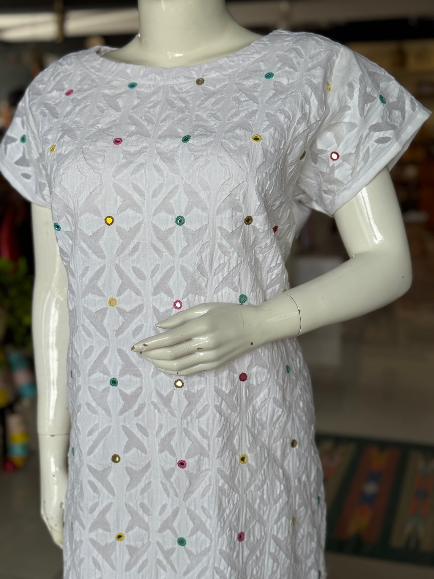 White appliq and hand embroidered mirror work cotton straight kurti with plain back