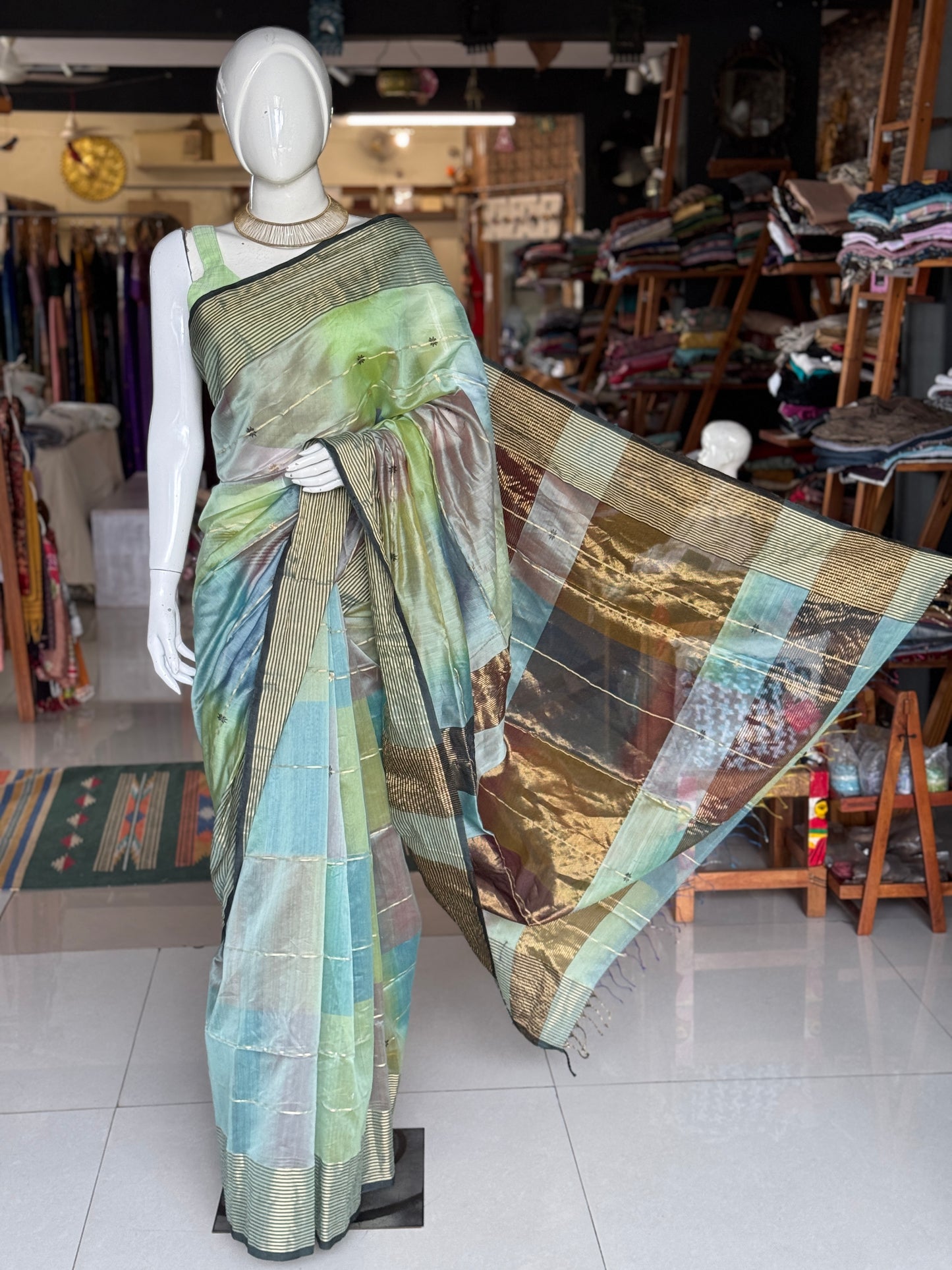 Multi color star buti stripes silk cotton Maheshwari handloom saree