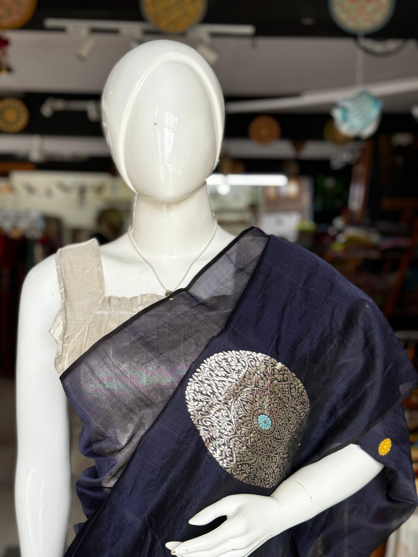 Navy blue Chanderi katan silk handwoven saree with big silver ball butis and colourful round butis