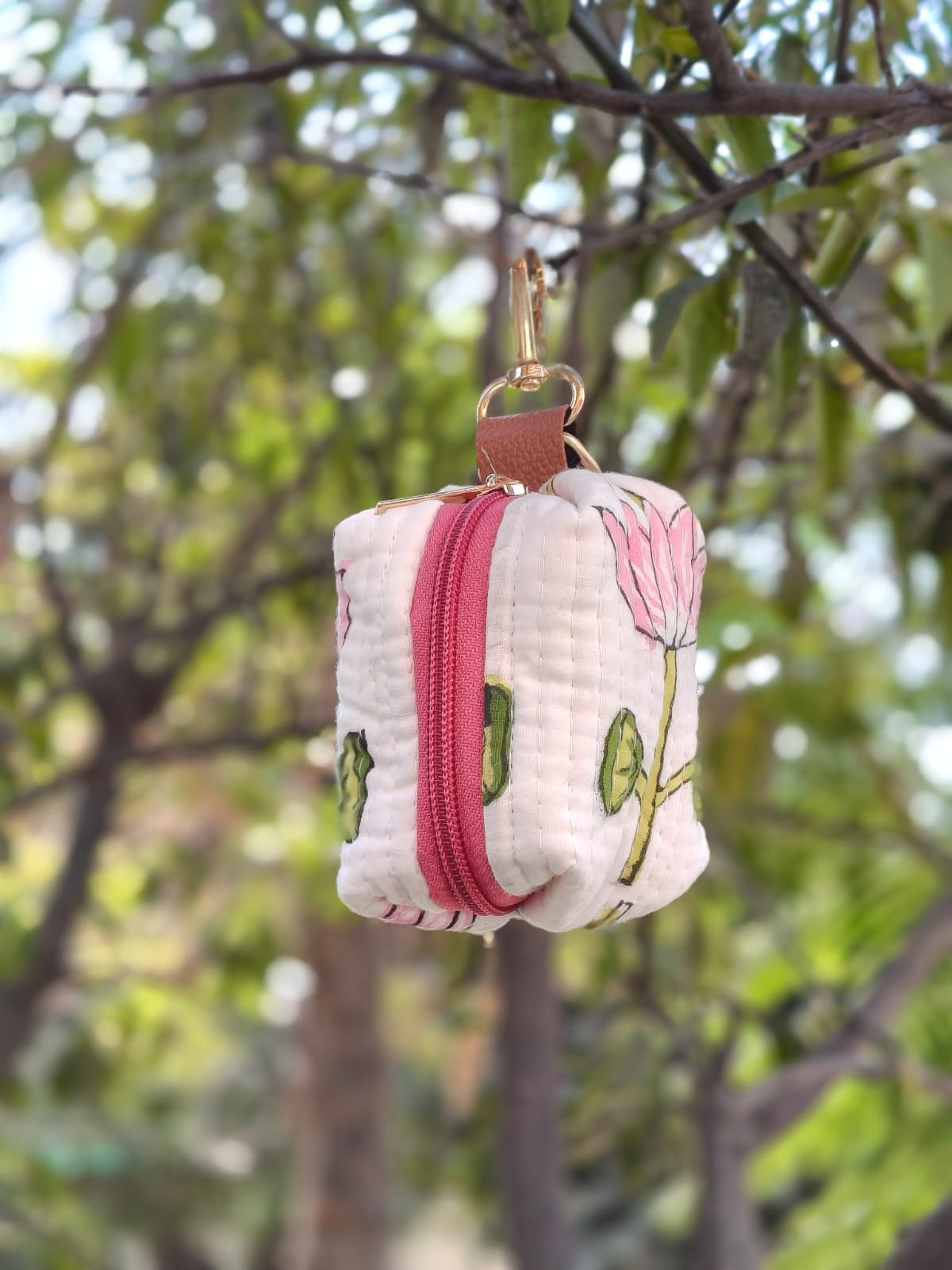 Coin pouch in soft quilted hand block printed cotton with zipper closure and hanging loop - multiple designs available