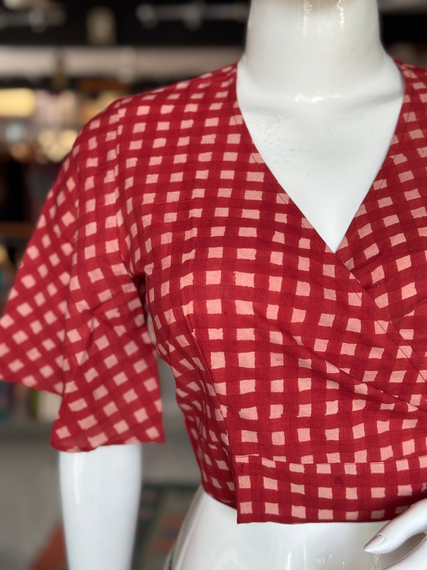 Wrap style free size cotton crop top blouse in natural dyed, hand block printed cotton
