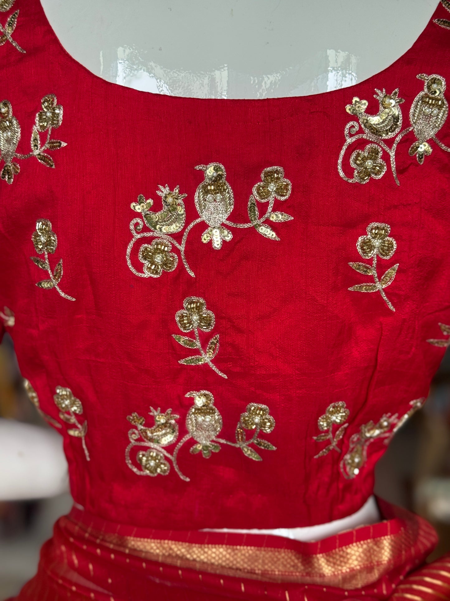 Birds and flowers hand embroidered on back and sleeves red silk blouse
