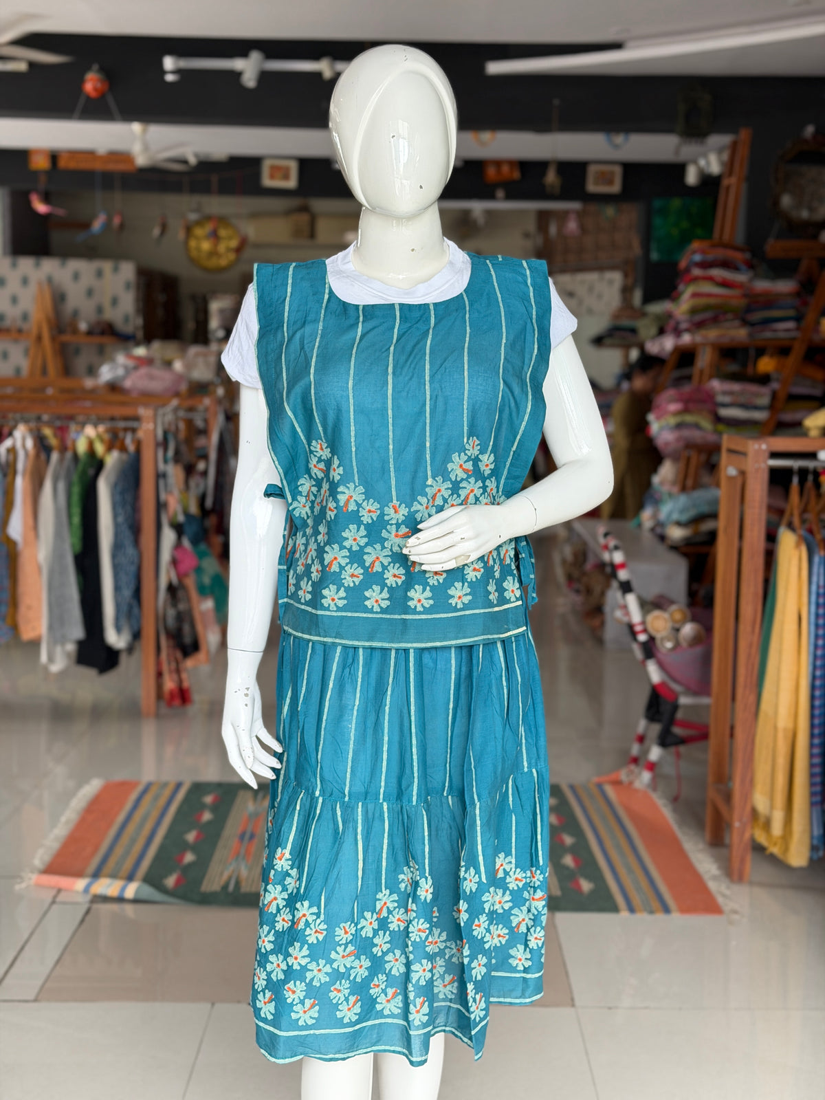 Parijat flower hand block printed cotton free size side ties poncho style layering top