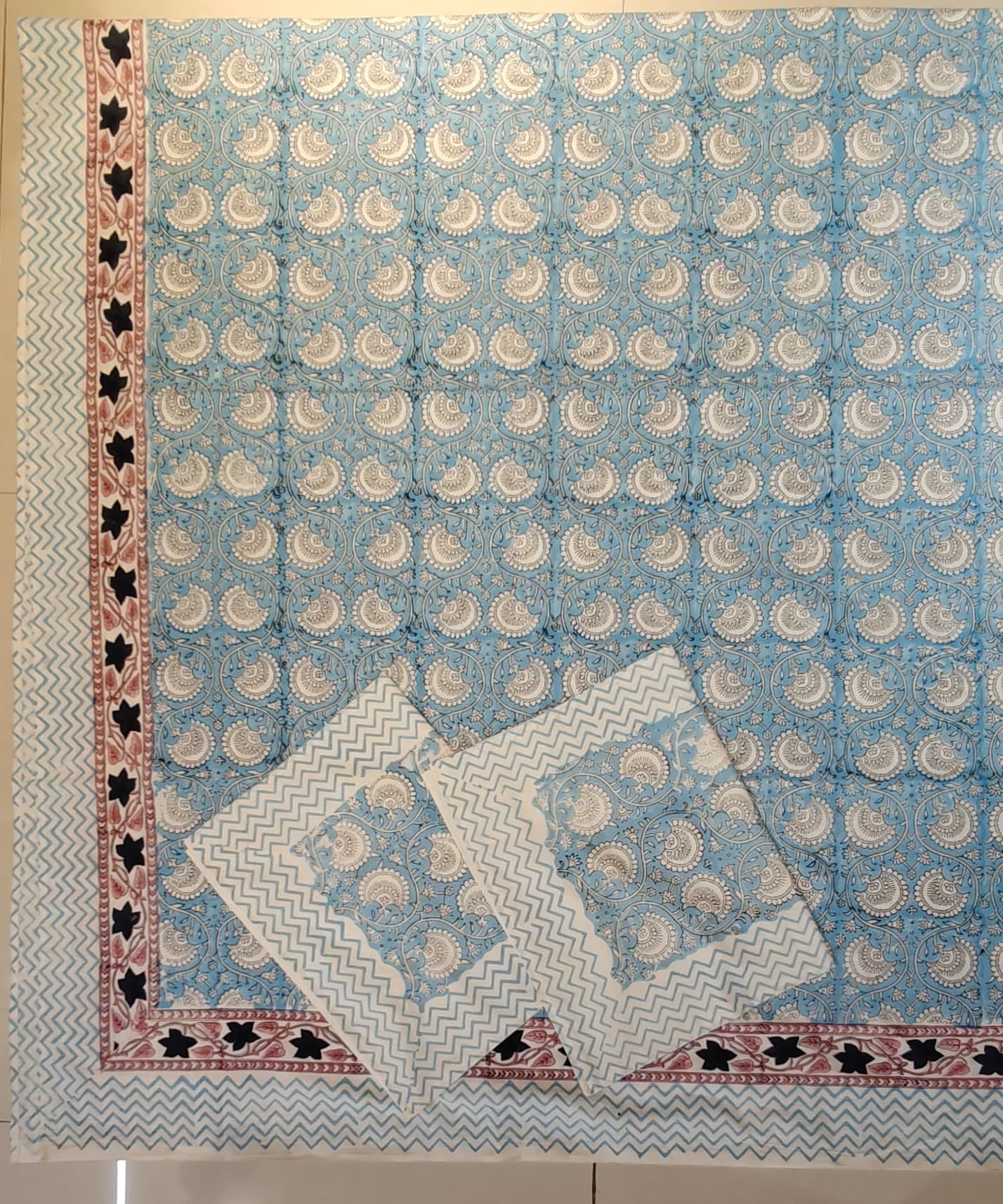 Super king hand block printed 108x108 inch bedsheet with 2 pillow cases - multiple designs available