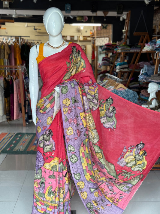 Pink and lavender hand painted pen kalamkari Chennuri silk yardage saree with skirt border and Radha Krishna design