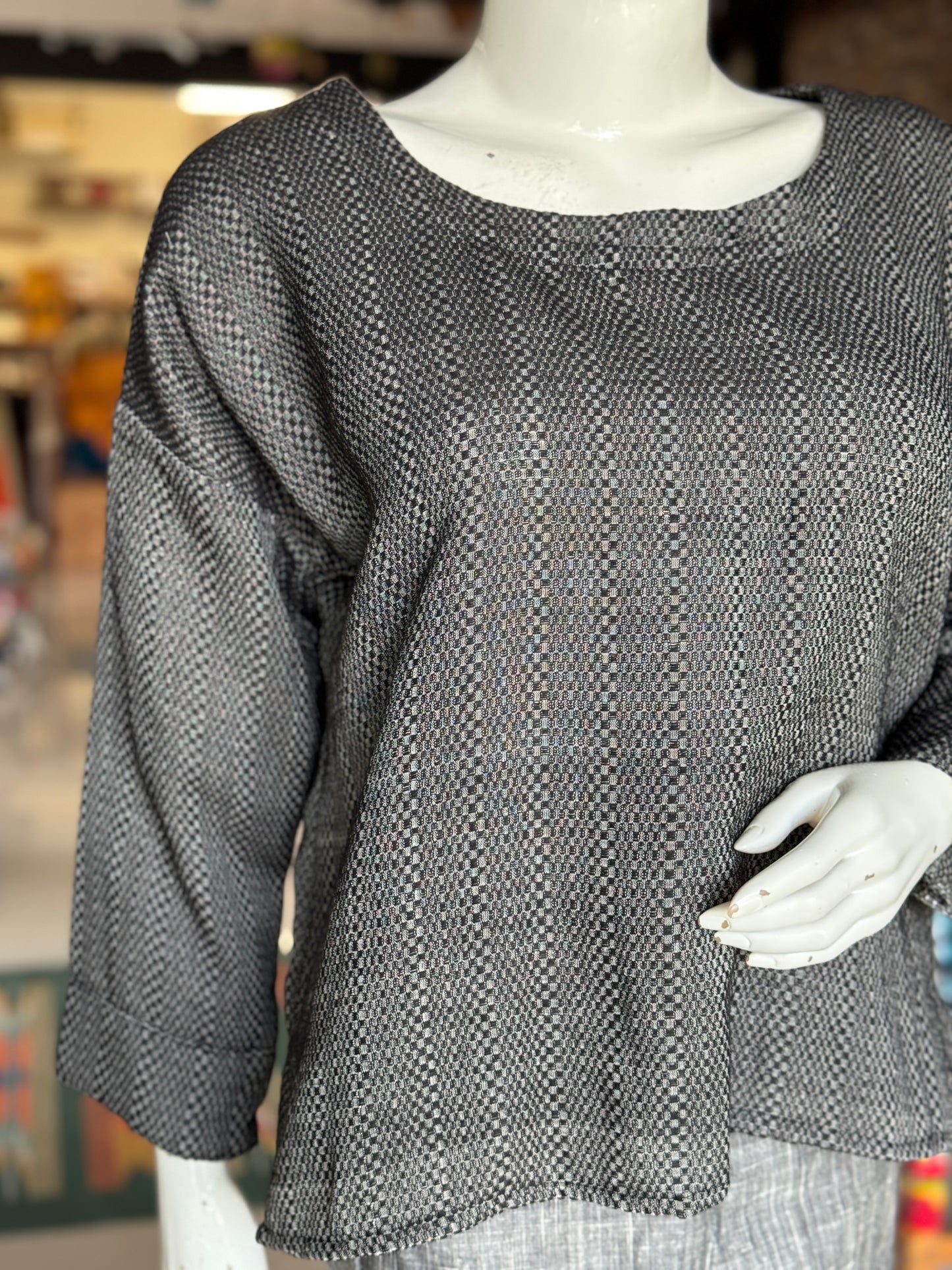 Black handloom self checks cotton top for women with dropped shoulder