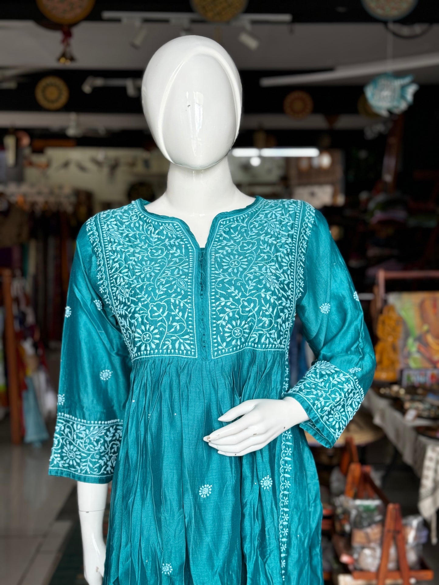 Teal green chikankari mukaish hand embroidered Chanderi kurta / dress